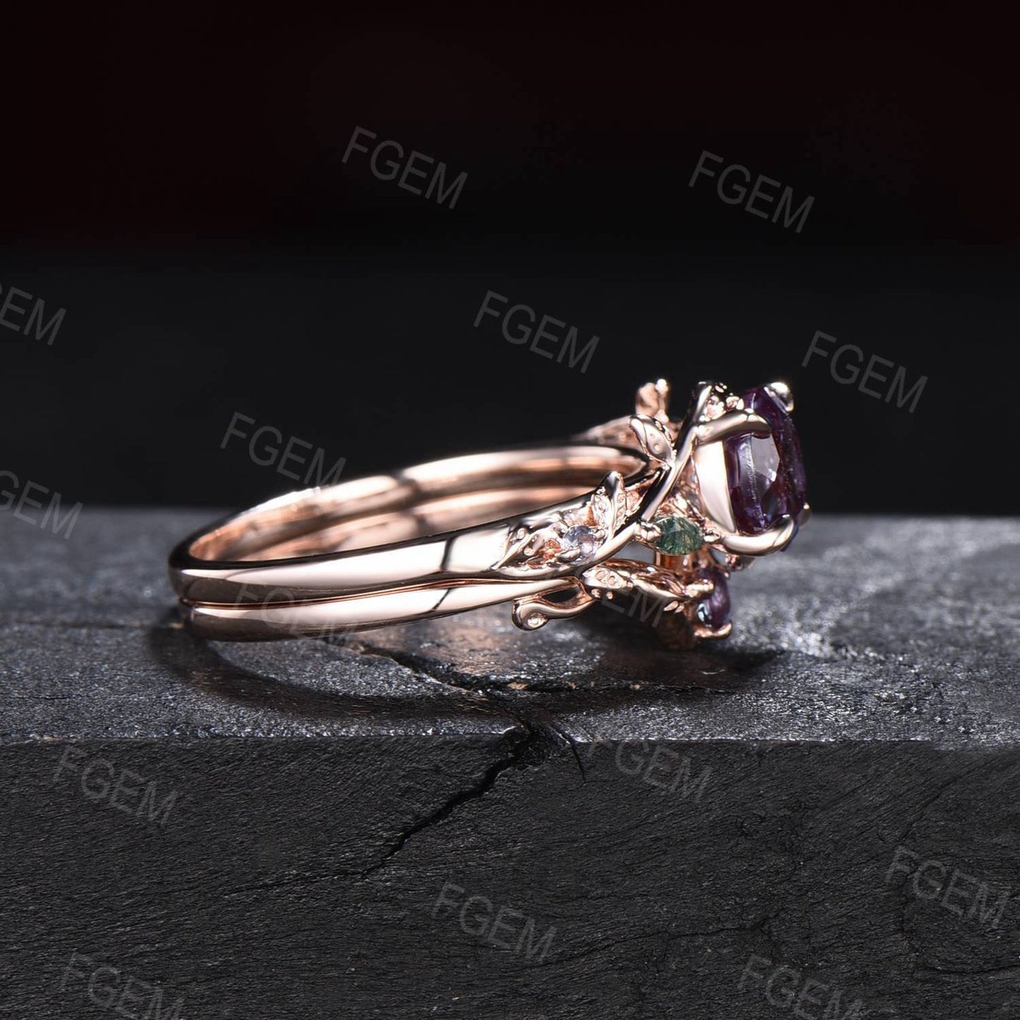 1ct Round Nature Inspired Color-Change Alexandrite Ring Rose Gold Cluster Moss Agate Engagement Ring Vintage Branch Alexandrite Bridal Sets