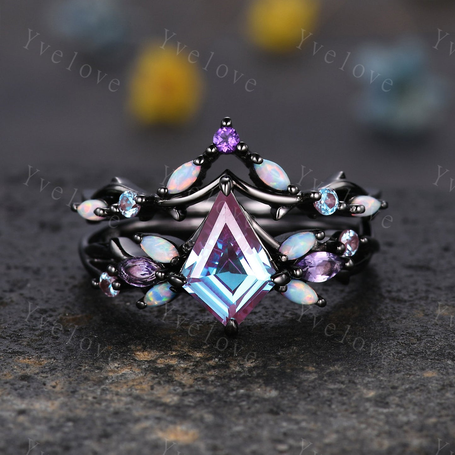 Black Gold Alexandrite Engagement Ring Set with Opal & Amethyst Vines