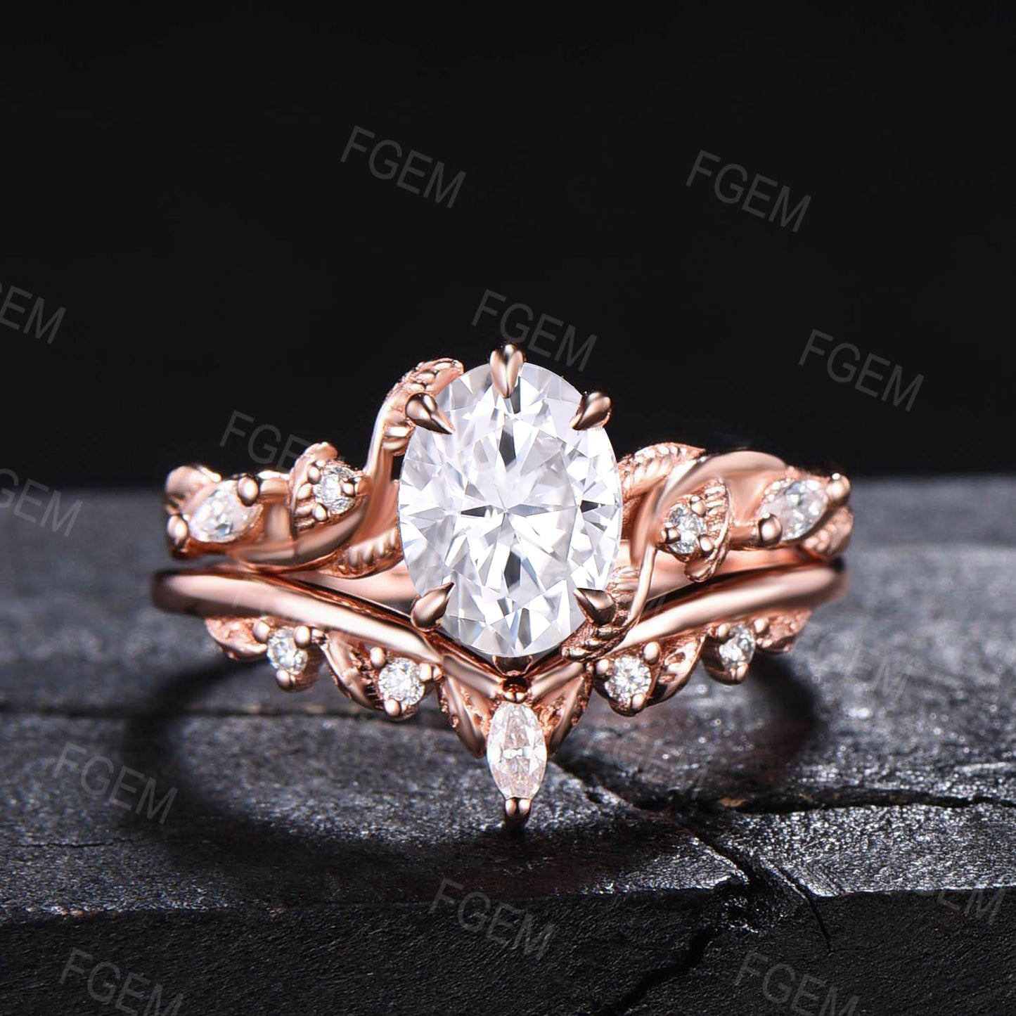 1.5ct Nature Inspired Moissanite Branch Engagement Ring 14K Rose Gold Oval Wedding Ring Set Unique Twisted Vine Leaf Moissanite Bridal Sets