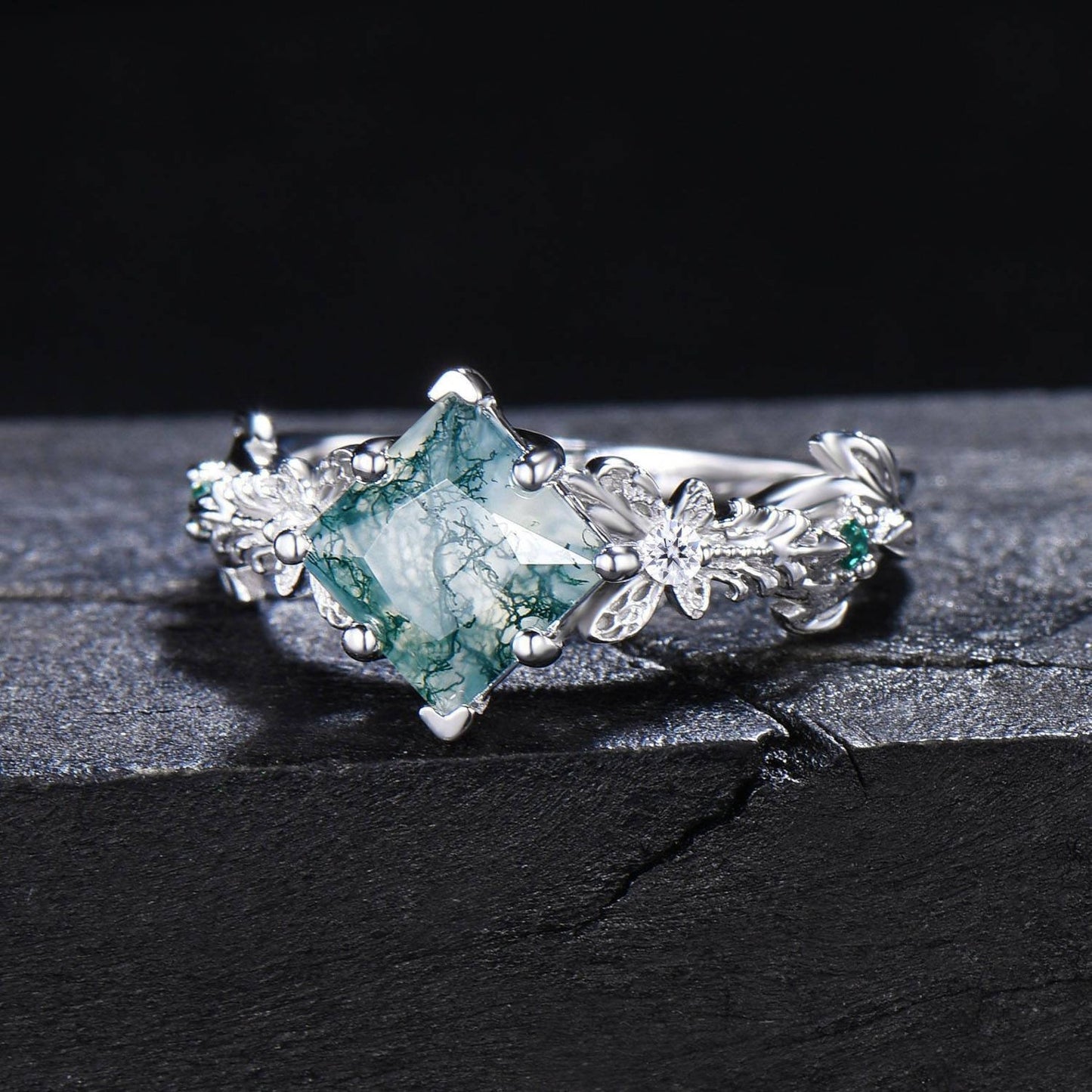 White Gold Butterfly Ring Unique Princess Cut Natural Moss Agate Engagement Ring Hollow Butterfly Aquatic Agate Ring Proposal Gifts For Her