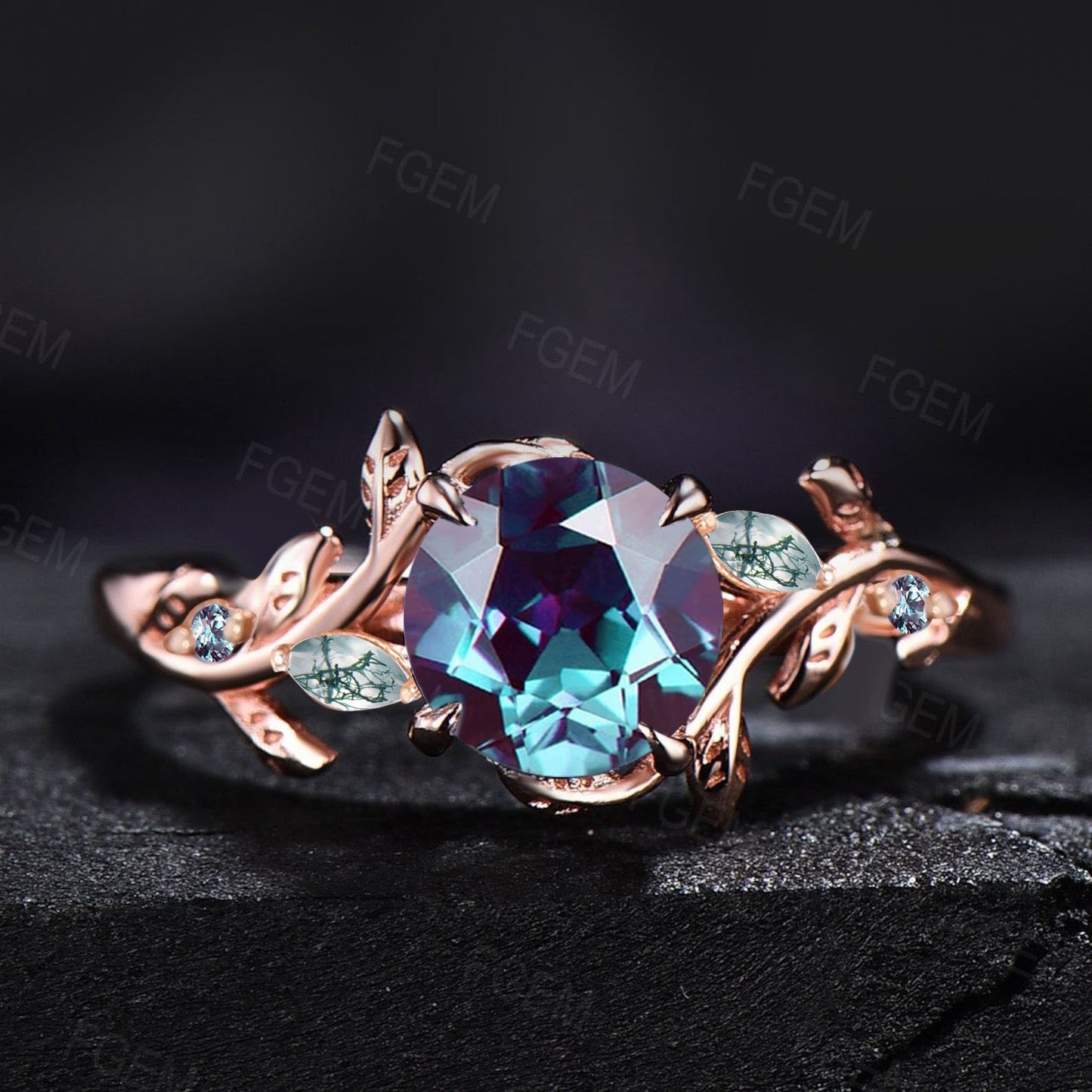 1ct Round Nature Inspired Color-Change Alexandrite Ring Rose Gold Cluster Moss Agate Engagement Ring Vintage Branch Alexandrite Bridal Sets