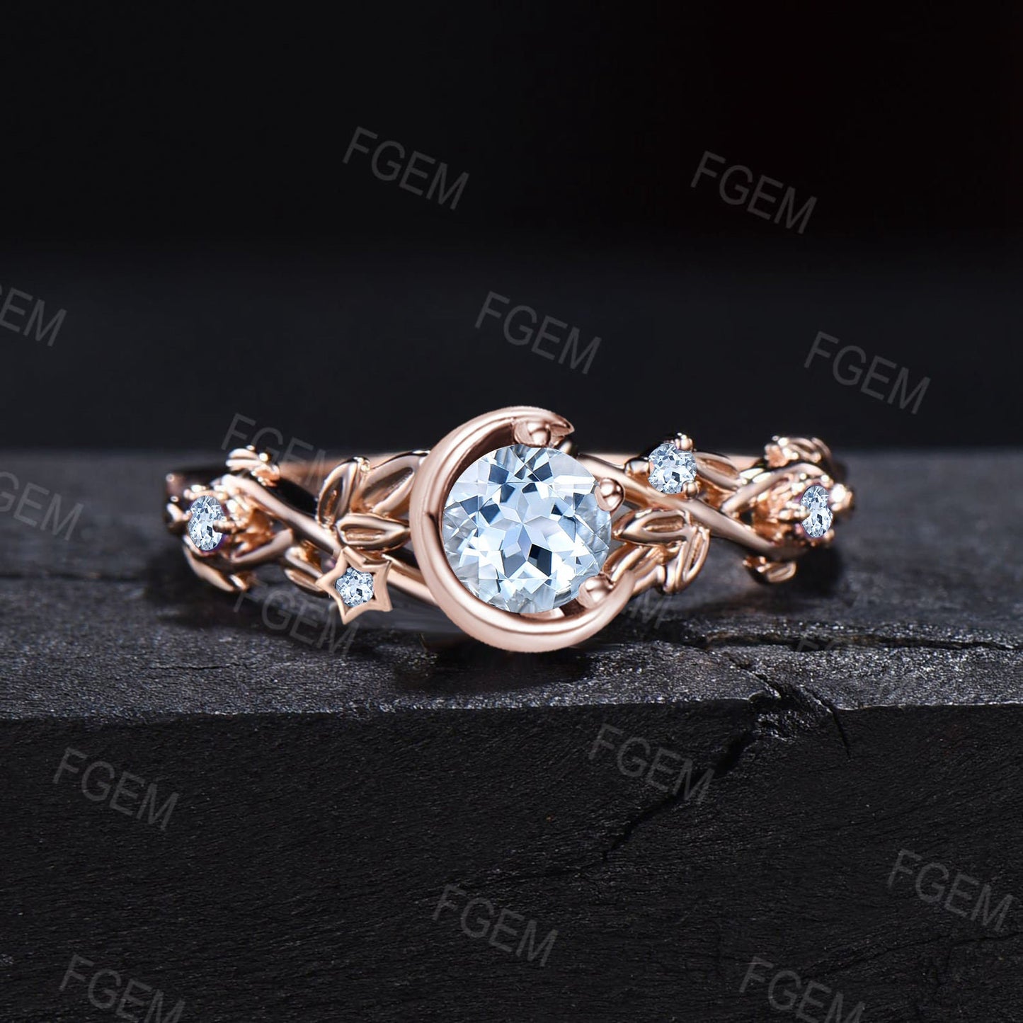 5mm Round Natural Light Blue Aquamarine Engagement Ring Moon Star Wedding Ring White Gold Nature Inspired Leaf Vine Blue Aquamarine Ring Promise Gift