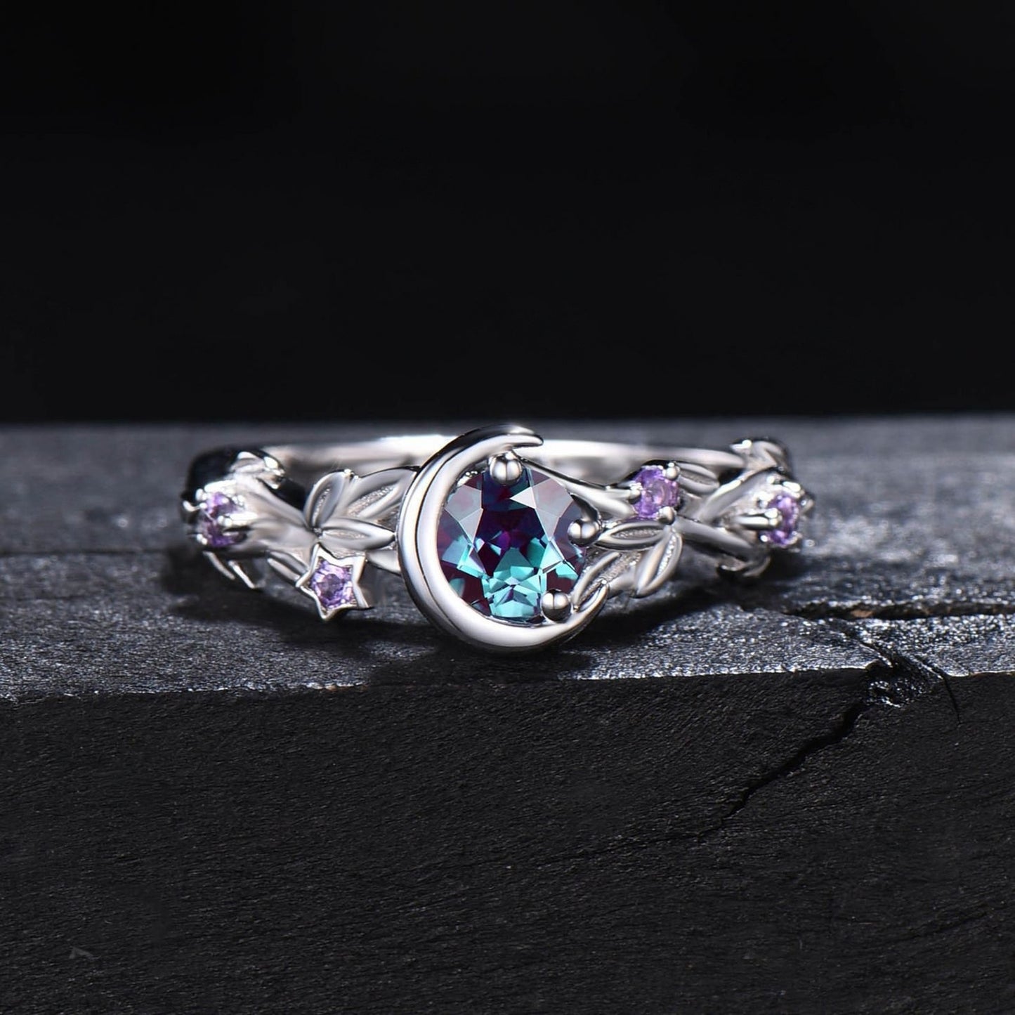 Nature Inspired Color-Change Alexandrite Amethyst Engagement Ring Moon Star Design Round Alexandrite Ring Branch Leaf Amethyst Wedding Ring