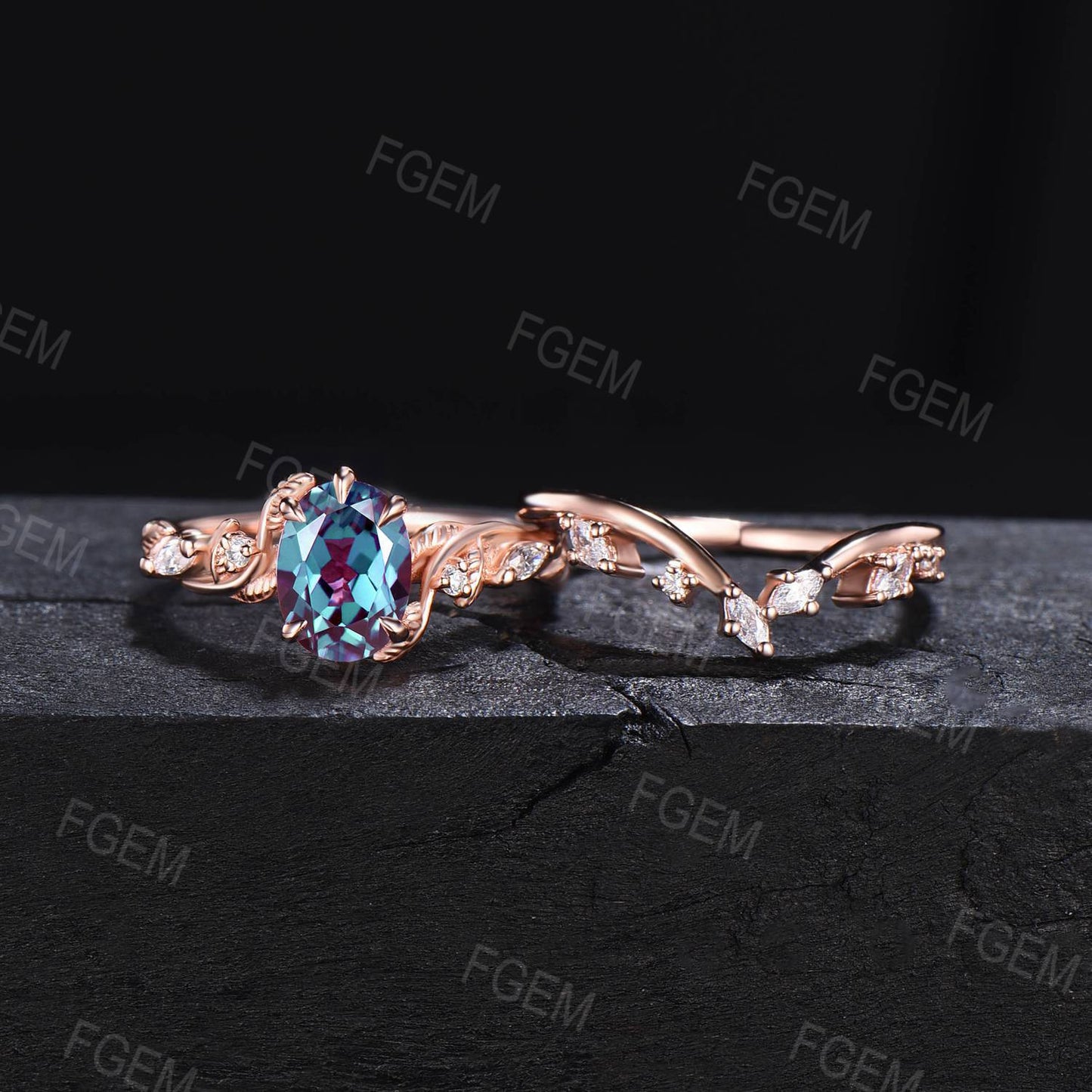 1.5ct Nature Inspired Twig Vine Oval Alexandrite Engagement Ring Cluster Moissanite Wedding Ring Set Leaf Branch June Birthstone Bridal Set
