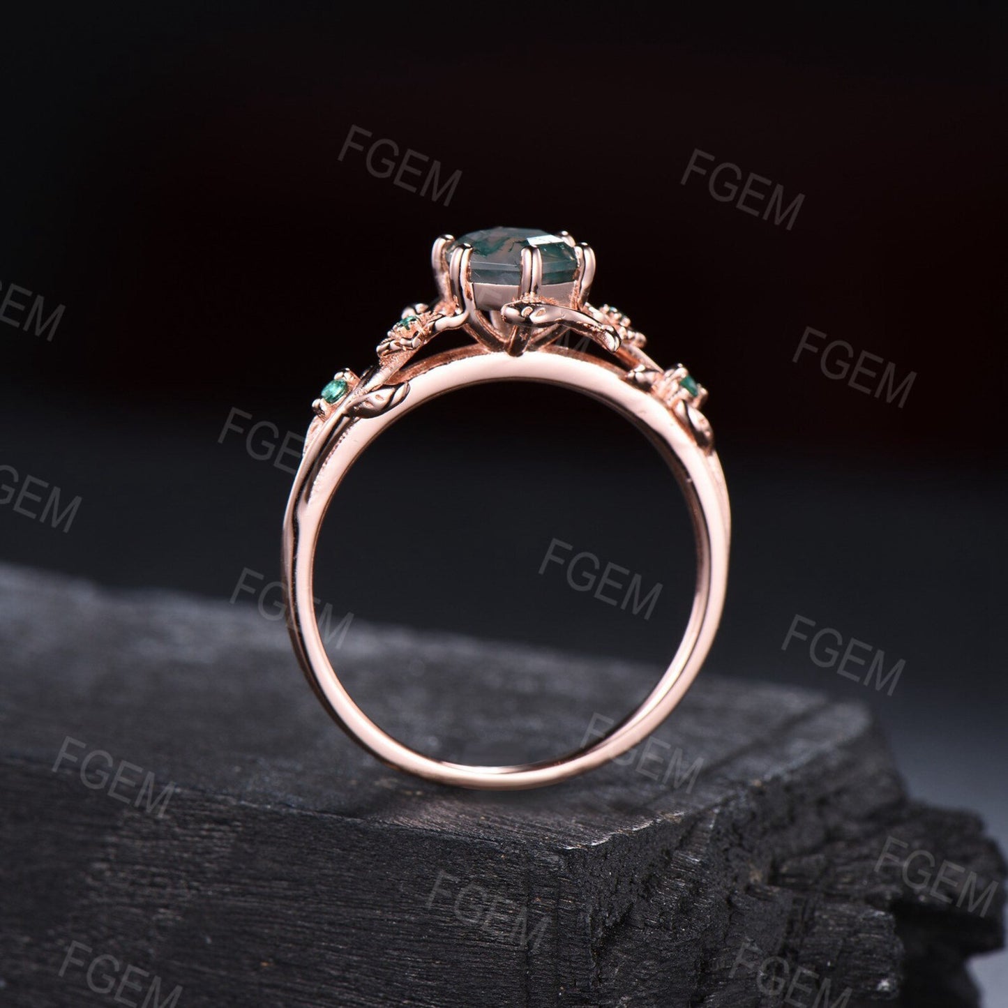 1ct Natural Hexagon Moss Agate Ring Vintage Nature Engagement Ring Floral Green Emerald Ring Healing Gemstone Unique Flower Promise Rings