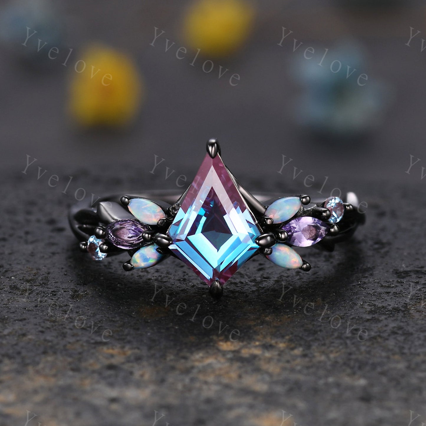 Black Gold Alexandrite Engagement Ring Set with Opal & Amethyst Vines