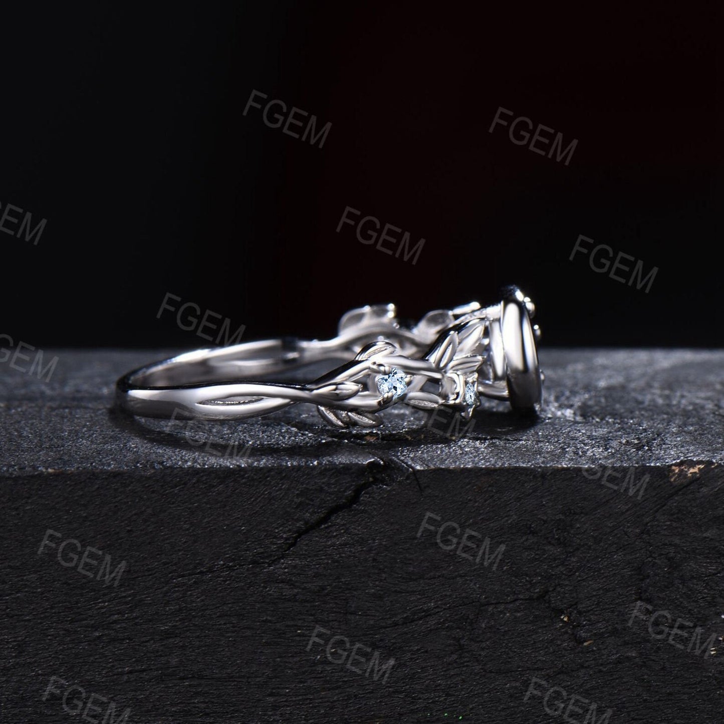 5mm Round Natural Light Blue Aquamarine Engagement Ring Moon Star Wedding Ring White Gold Nature Inspired Leaf Vine Blue Aquamarine Ring Promise Gift