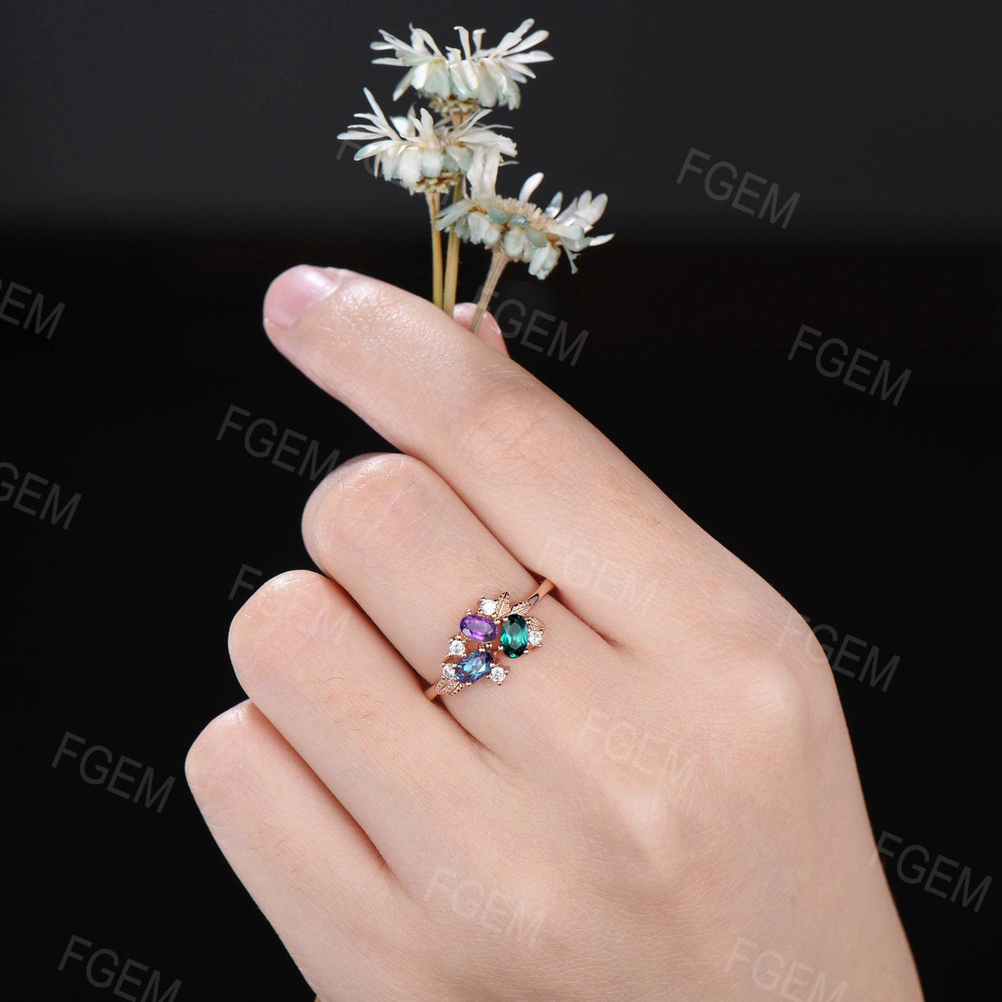 Multi Color Gemstone Ring Vintage Alexandrite Amethyst Emerald Cluster Ring Moissanite Leaves Wedding Ring Multi Birthstone Ring Women Gift