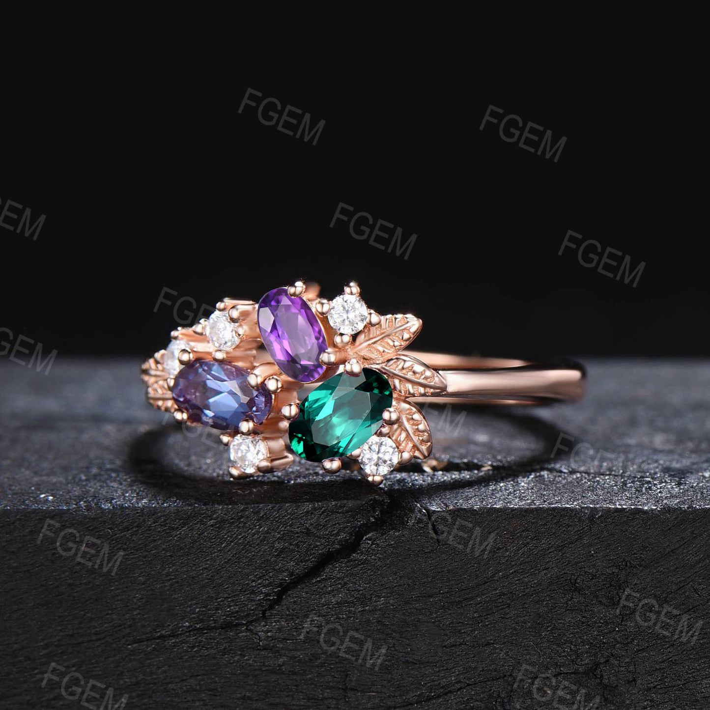 Multi Color Gemstone Ring Vintage Alexandrite Amethyst Emerald Cluster Ring Moissanite Leaves Wedding Ring Multi Birthstone Ring Women Gift