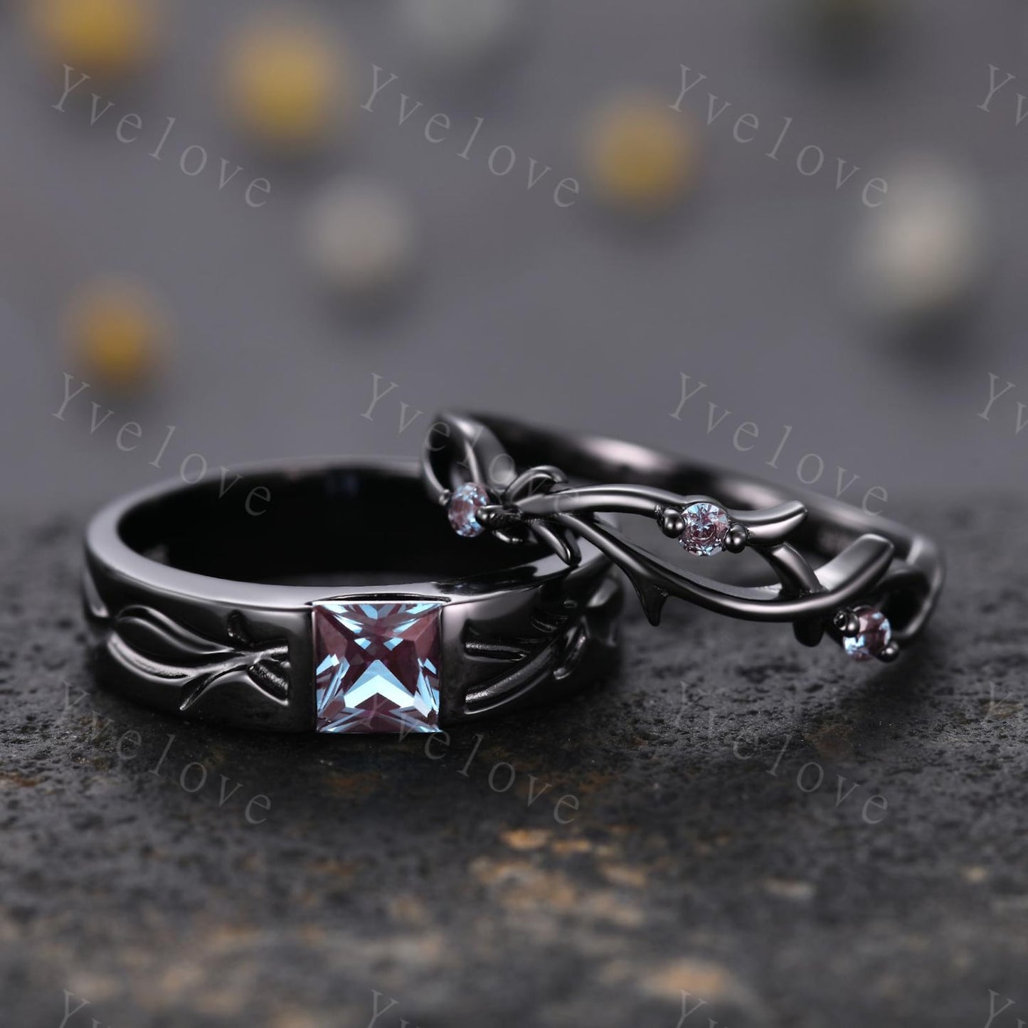 Alexandrite Couples Rings Set- Twig Vine & Stone Design Black Gold Wedding Ring (925 Sterling Silver)