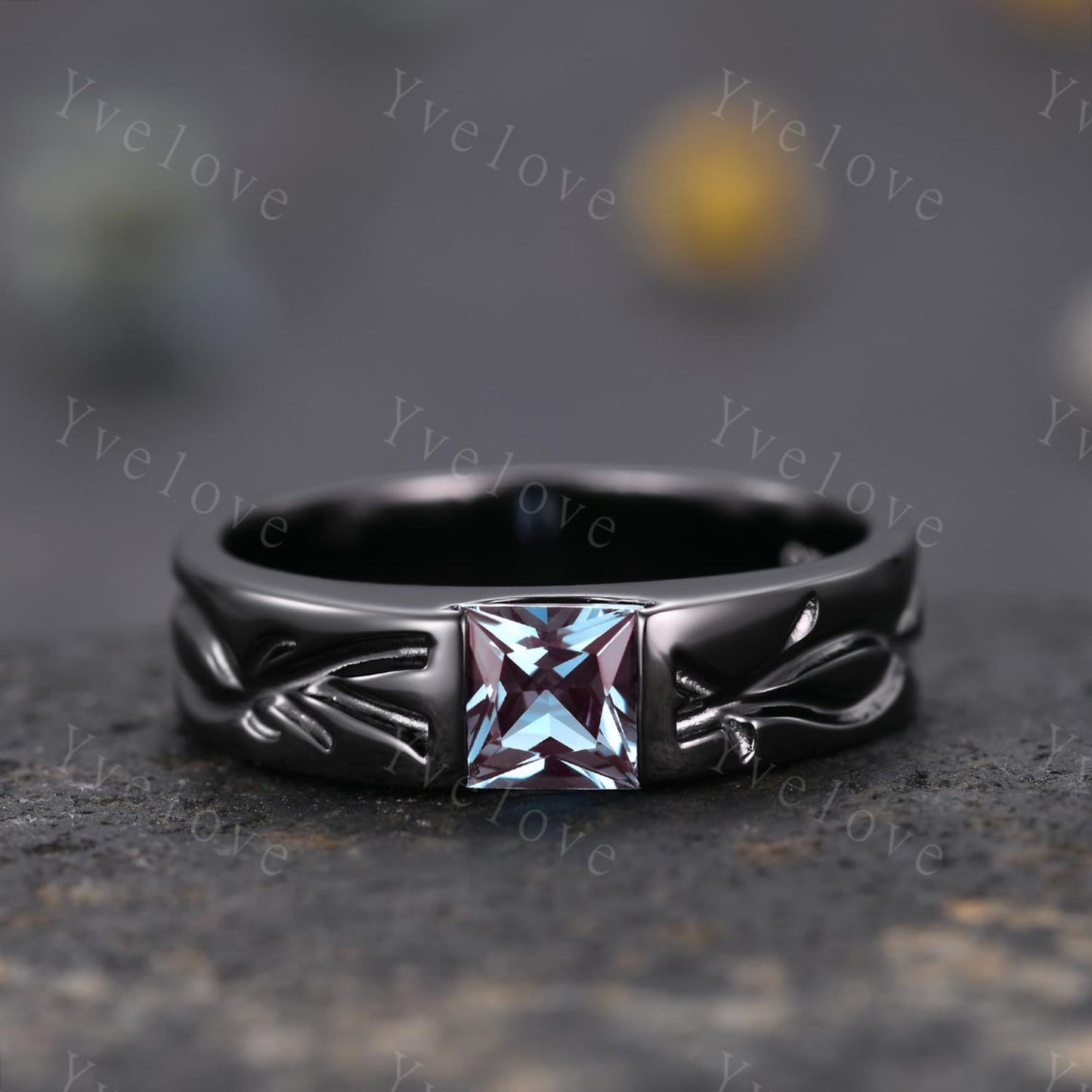 Alexandrite Couples Rings Set- Twig Vine & Stone Design Black Gold Wedding Ring (925 Sterling Silver)