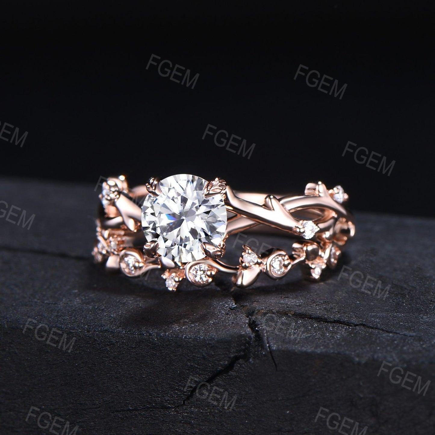 Twig Moissanite Ring Set 10K Rose Gold Round Cut Nature Inspired Forever One Moissanite Vine Engagement Ring Set Anniversary/Promise Ring
