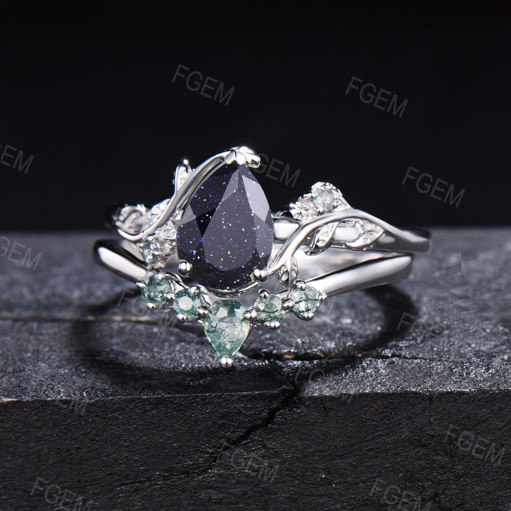 1.25ct Pear Nature Inspired Galaxy Starry Sky Blue Sandstone Wedding Ring Green Moss Agate Wedding Band Leaf Vine Branch Alexandrite Rings