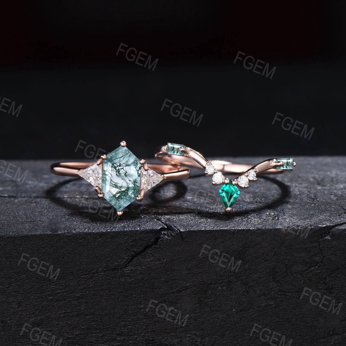 Hexagon Cut Natural Moss Agate Engagement Ring Set Vintage 10K Rose Gold Moss Agate Emerald Wedding Band Unique Anniversary/Birthday Gifts