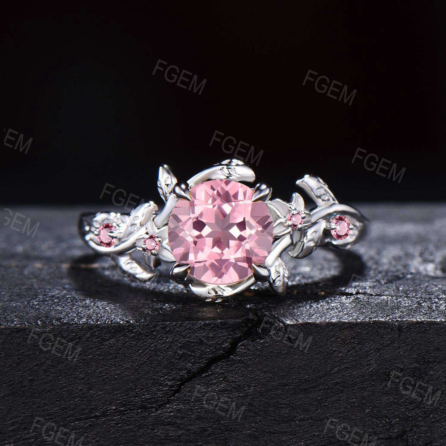 Vintage Round Padparadscha Sapphire Bridal Ring Nature Inspired Floral Engagement Ring 14k Gold Pink Sapphire Ring Leaf Pink Tourmaline Ring
