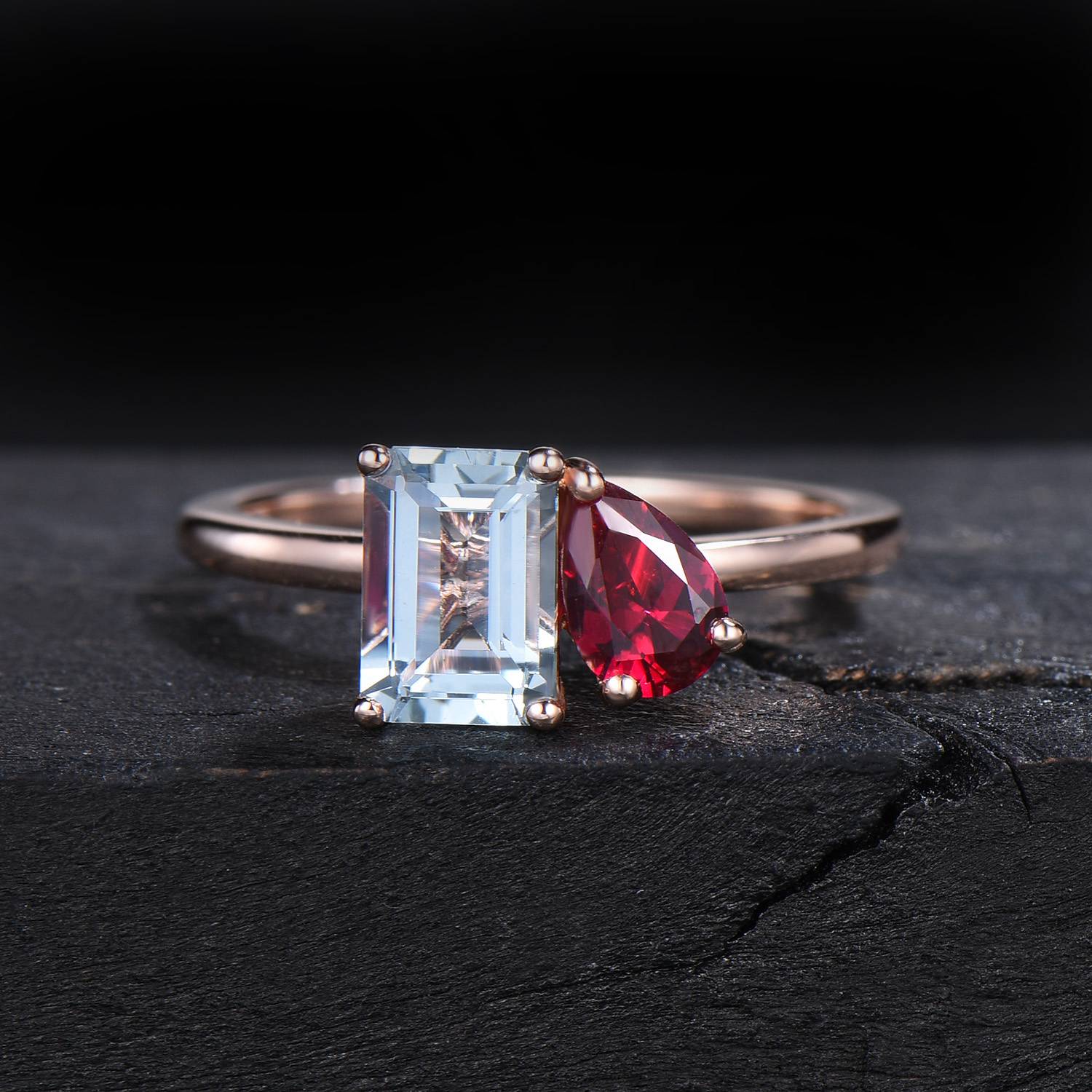 Toi Et Moi Ring,Pear and Emerald Cut Natural Aquamarine Ruby Ring