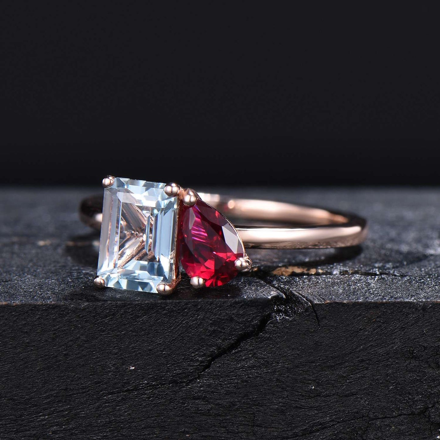 Toi Et Moi Ring,Pear and Emerald Cut Natural Aquamarine Ruby Ring,Two Stone Engagement Ring , 14k Solid Gold Aquamarine Wedding Promise Ring