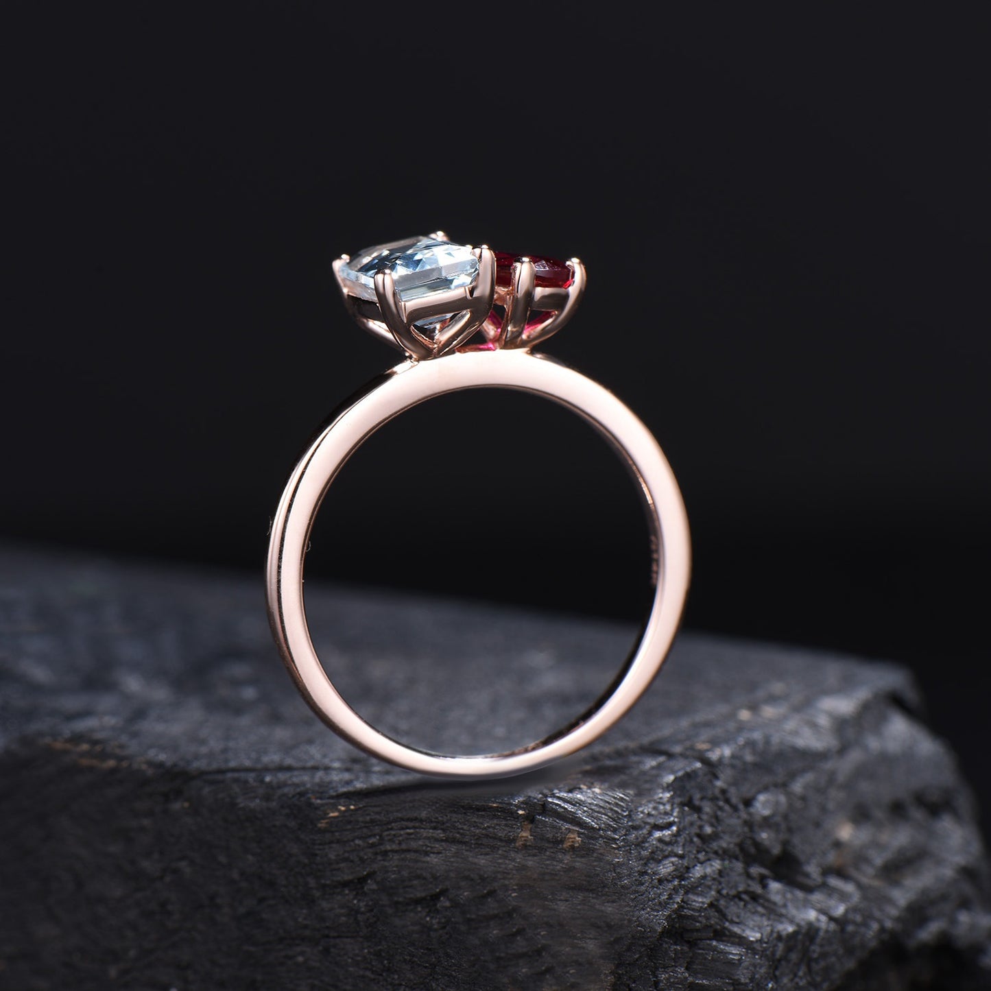 Toi Et Moi Ring,Pear and Emerald Cut Natural Aquamarine Ruby Ring,Two Stone Engagement Ring , 14k Solid Gold Aquamarine Wedding Promise Ring