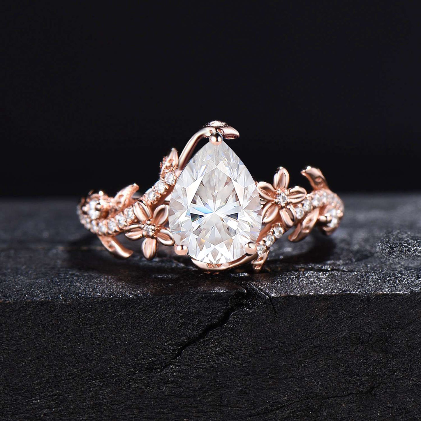 1.25ct Pear Moissanite Engagement Ring Set Rose Gold Leaf Moissanite Bridal Set Vintage Flower Pave Wedding Ring Proposal Gift For Fiancee