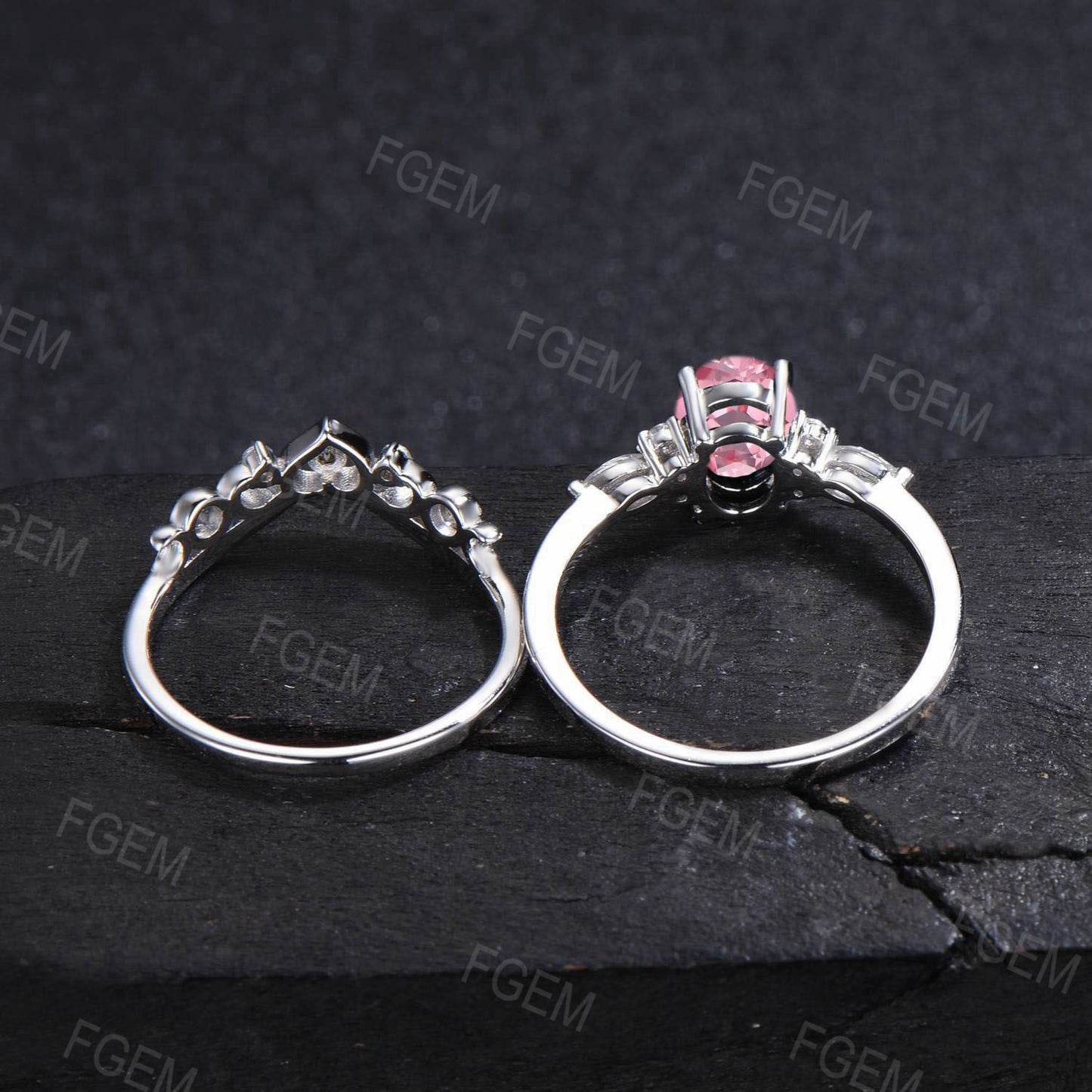 Vintage Oval Pink Sapphire Engagement Ring Set Padparadscha Sapphire Cluster Promise Ring Heart Design Opal Wedding Ring Celestial Moon Ring