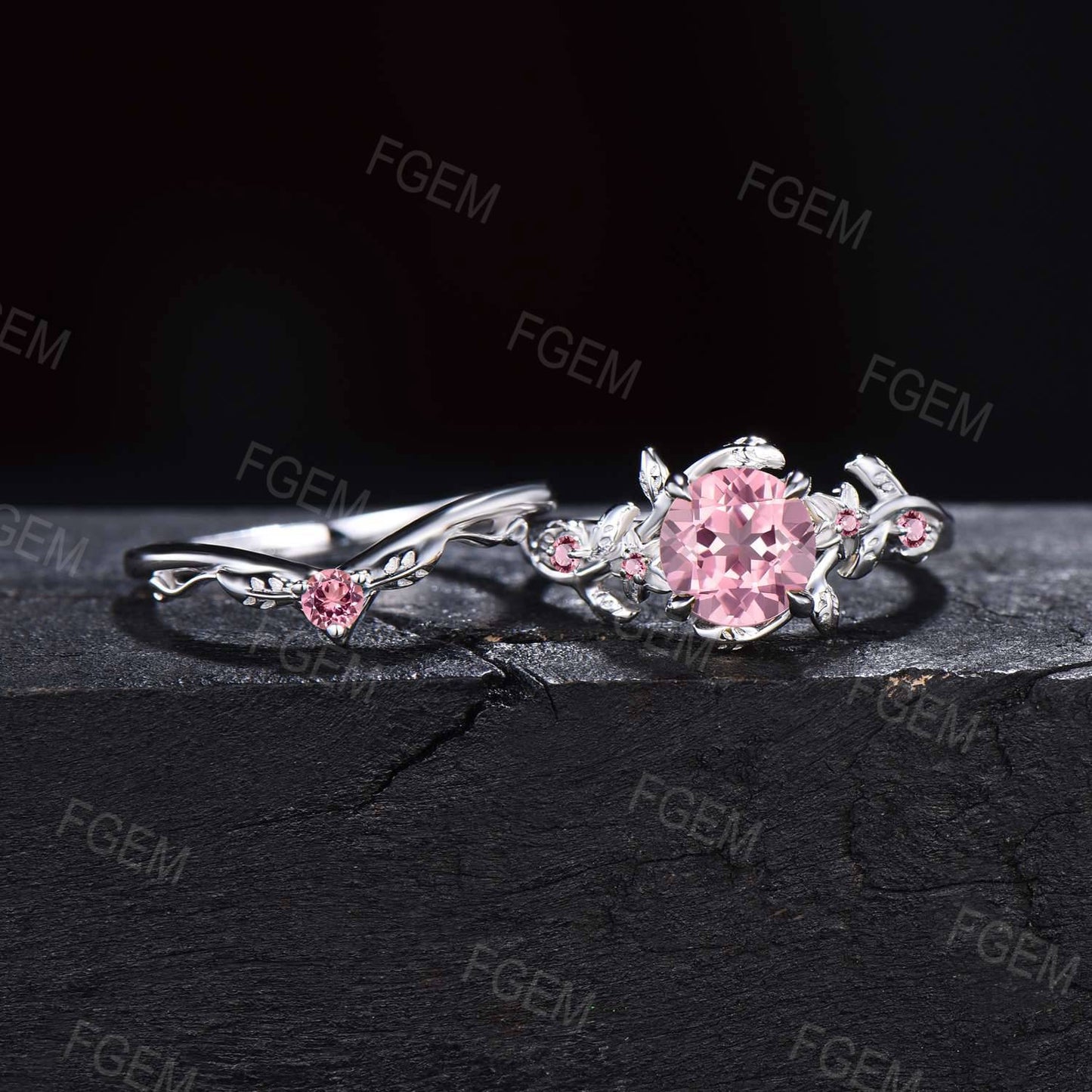 Vintage Round Padparadscha Sapphire Bridal Ring Nature Inspired Floral Engagement Ring 14k Gold Pink Sapphire Ring Leaf Pink Tourmaline Ring