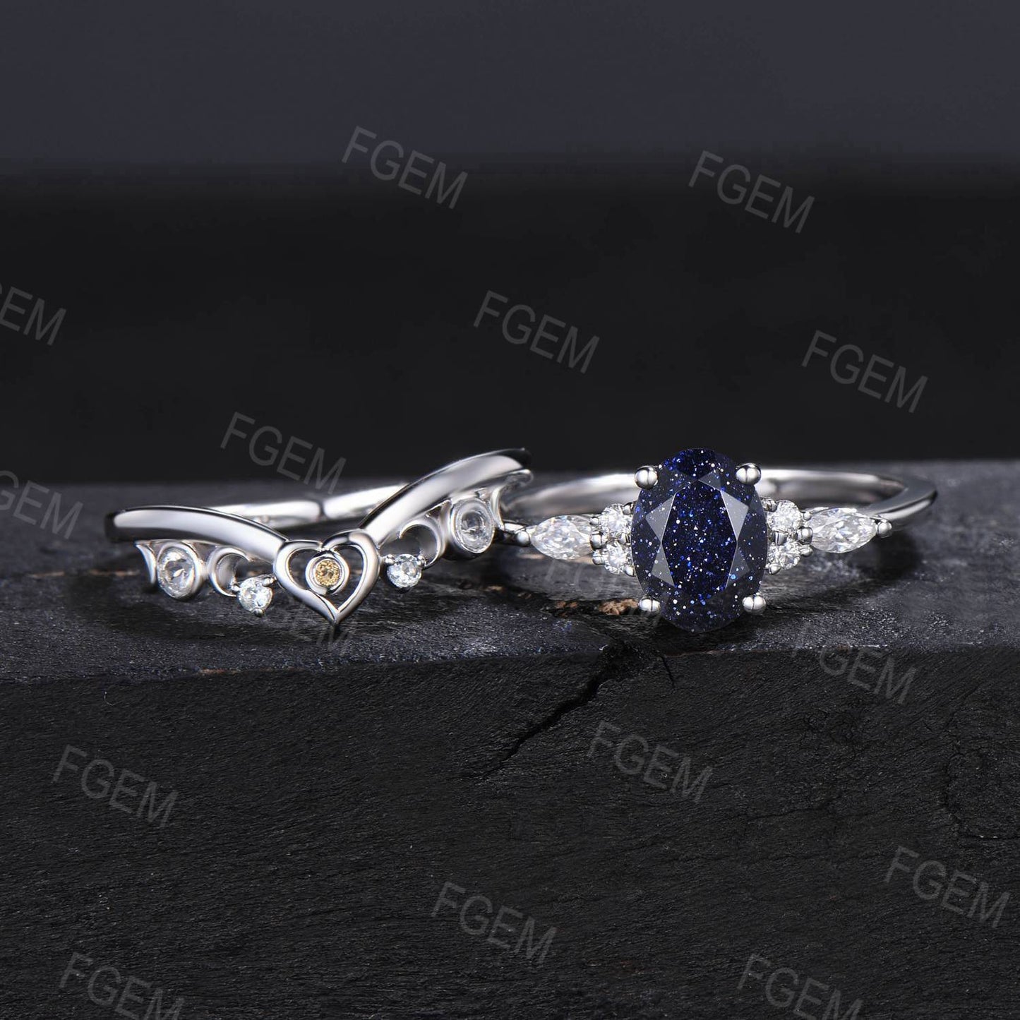 Galaxy Sandstone Ring Sterling Silver Oval Blue Sandstone Engagement Ring Celestial Moon Citrine Cluster Ring Unique Heart Ring Women Gifts