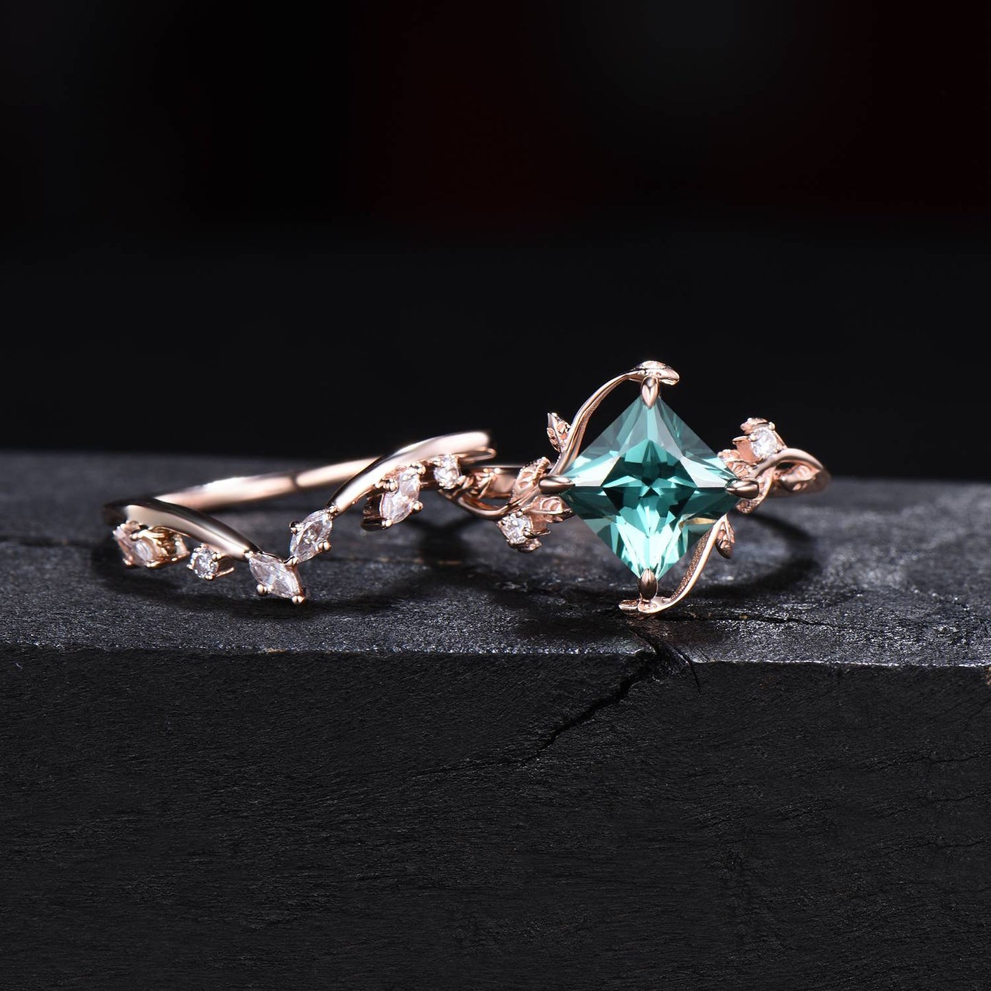 Nature Inspired Green Sapphire Moissanite Diamond Ring Set 7mm Princess Cut Green Blue Montana Teal Sapphire Branch Leaf Engagement Ring for Women