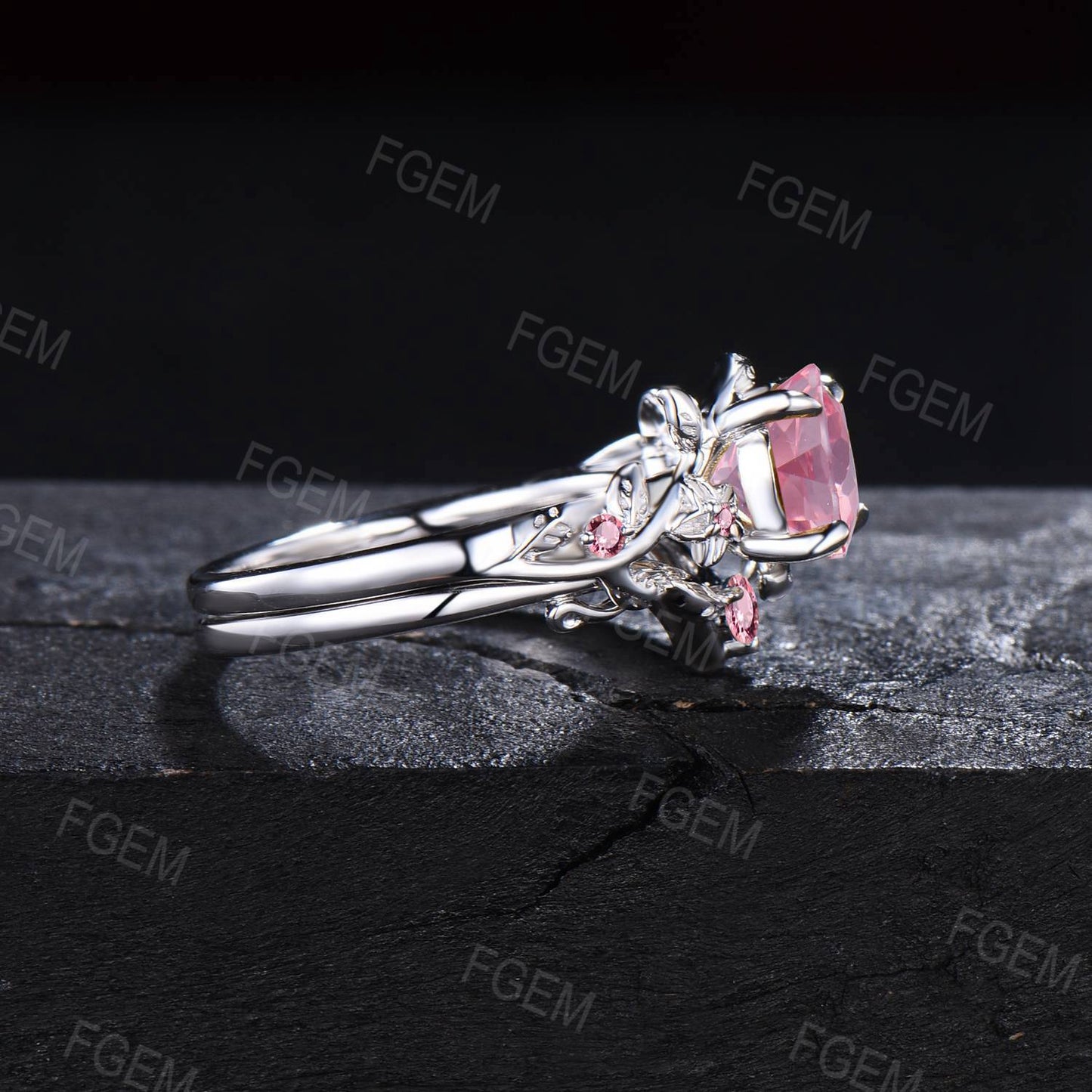 Vintage Round Padparadscha Sapphire Bridal Ring Nature Inspired Floral Engagement Ring 14k Gold Pink Sapphire Ring Leaf Pink Tourmaline Ring