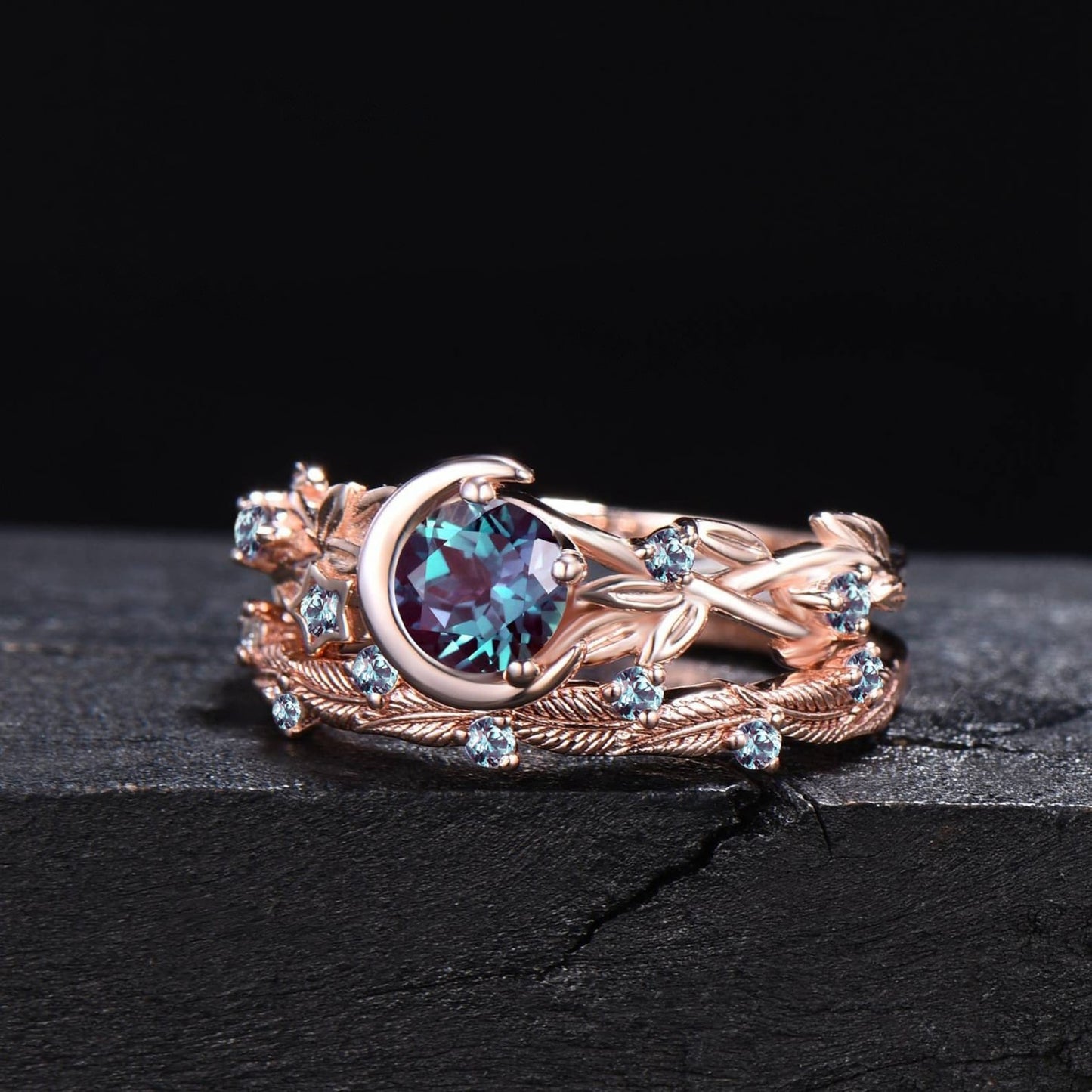 Nature Inspired Color-Change Alexandrite Engagement Ring Moon Star Design Round Alexandrite Ring Branch Leaf June Birthstone Wedding Rings