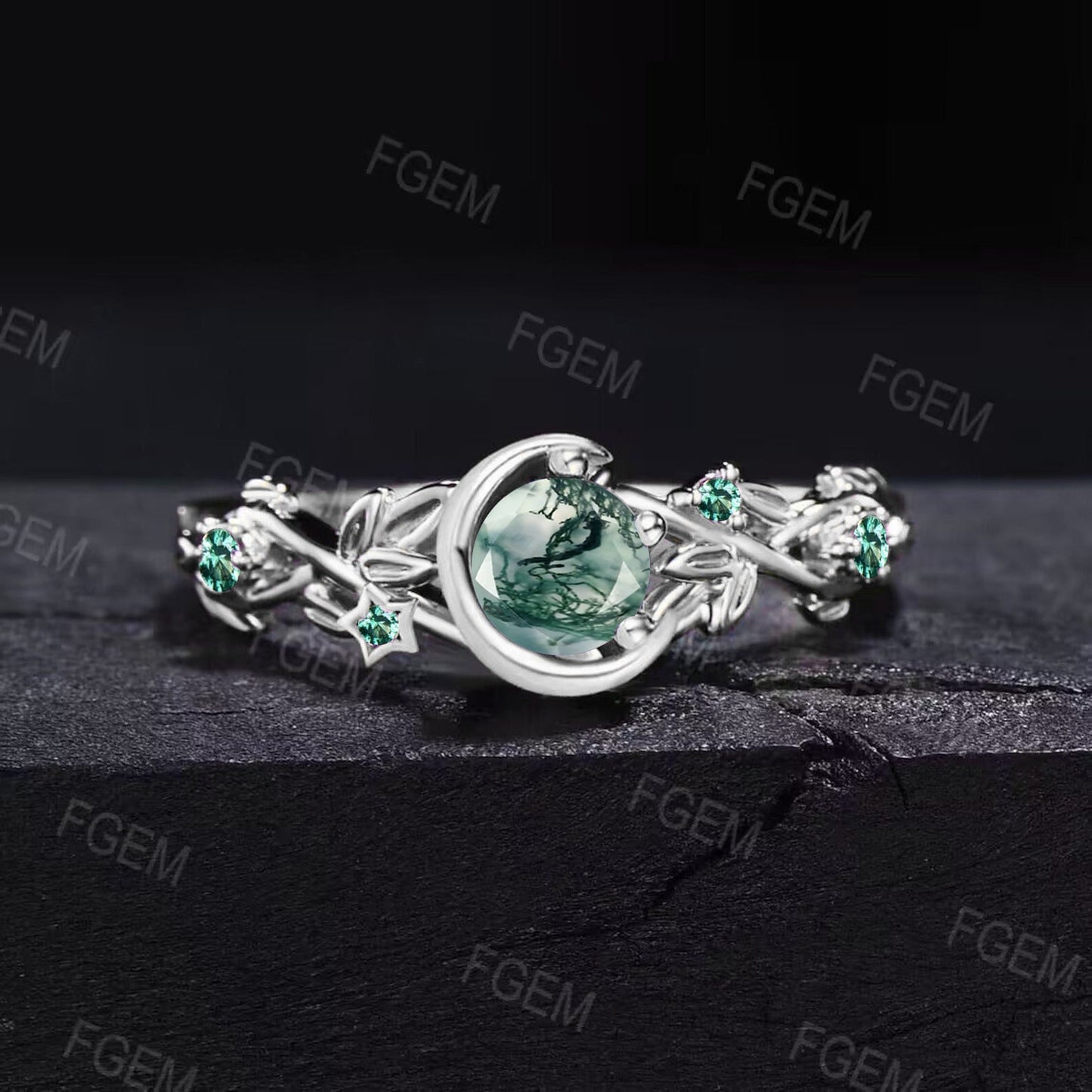 Nature Inspired Round Natural Moss Agate Engagement Ring 10K Solid Gold Moon Star Design Promise Ring Branch Leaf Green Emerald Wedding Ring