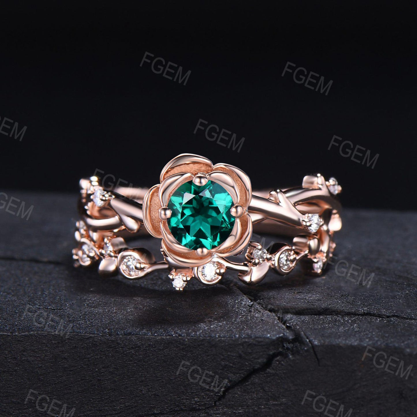 Rose Flower Green Emerald Engagement Ring Set Round Emerald Diamond Wedding Ring Nature Inspired Floral Ring Leaf Emerald Ring Promise Gifts for Women