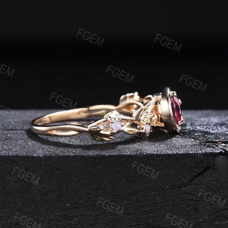 Moon Star Design 5mm Ruby Opal Jewelry 10K Yellow Gold Nature Inspired Red Ruby Promise Ring Anniversary Ring For Women July Birthstone Gift
