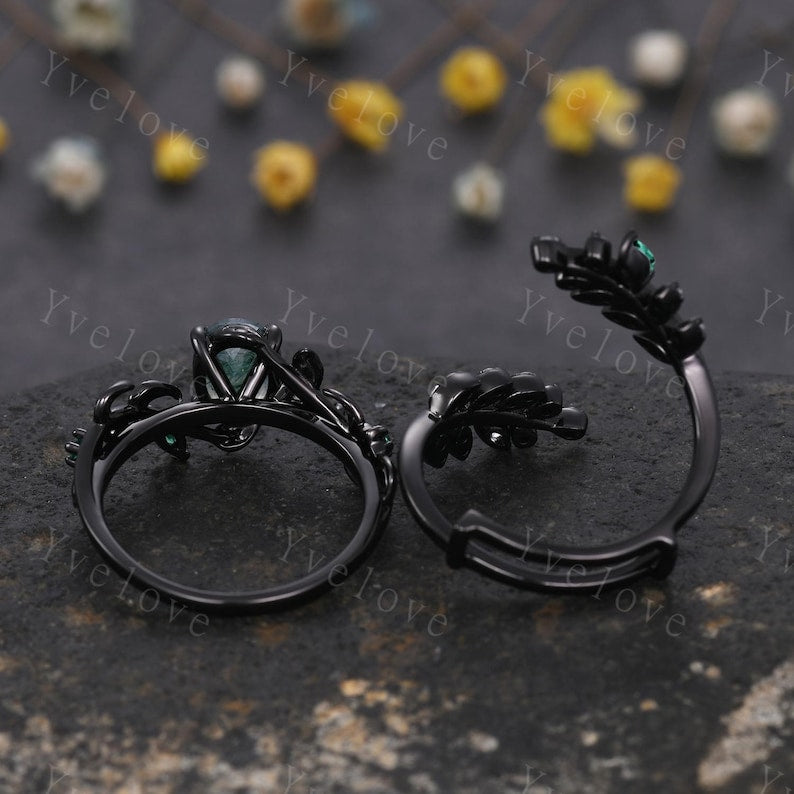Black Gold Leaf Moss Agate Emerald Engagement Enhancer Wrap Bridal Ring Set