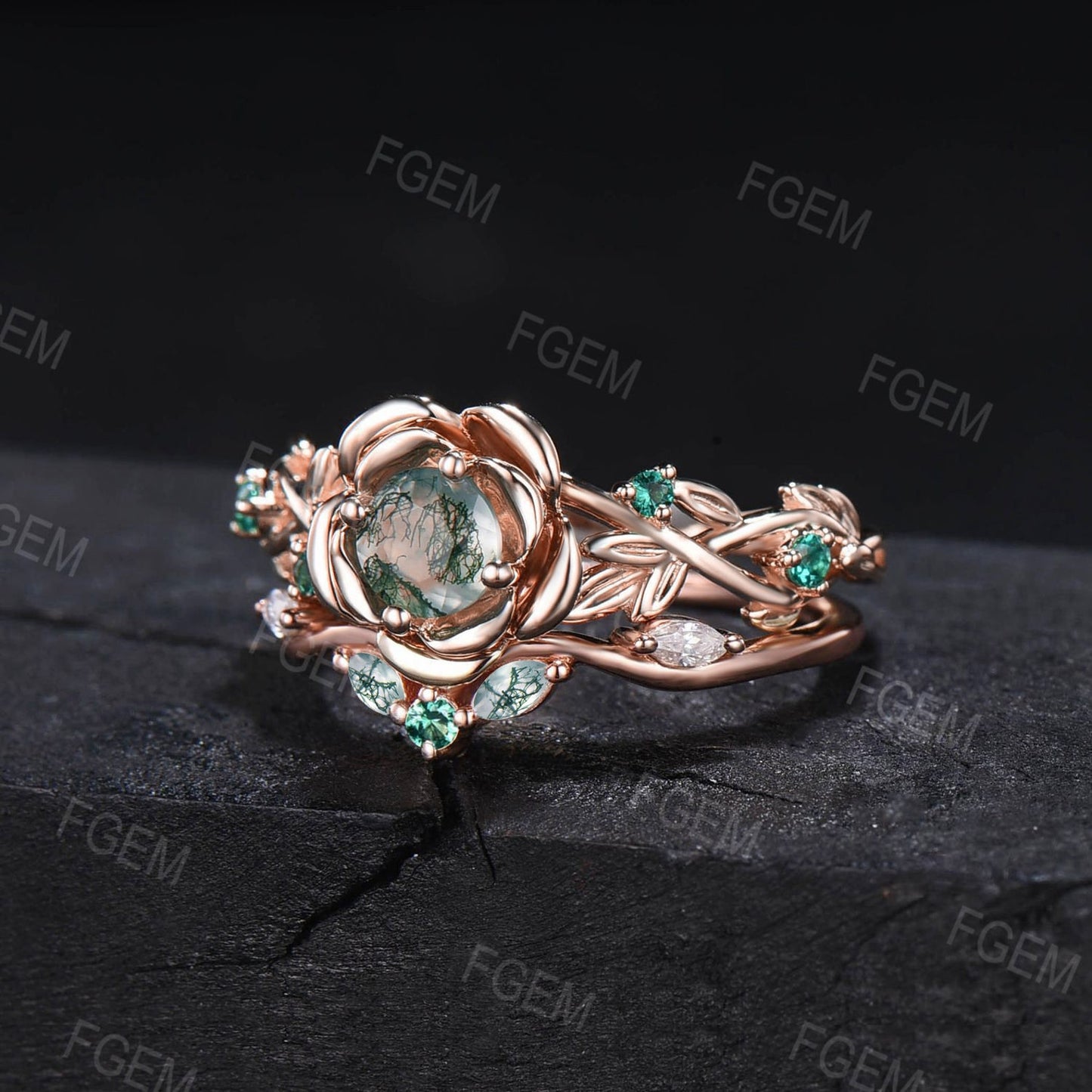 Natural Round Moss Agate Rose Flower Engagement Ring Set 10K Rose Gold Nature Inspired Floral Moss Agate Emerald Ring Green Gemstone Jewelry
