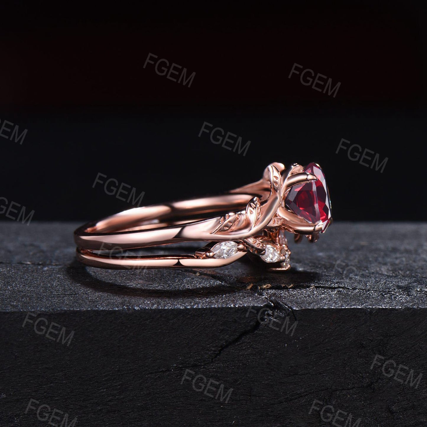 1ct Round Nature Inspired Ruby Gemstone Jewelry Rose Gold Twig Leaf Ruby Engagement Ring Set Unique Anniversary Gifts July Birthstone Ring