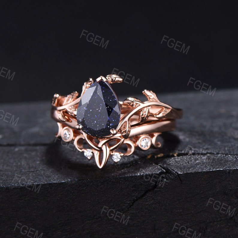 Nature Engagement Ring Set Sterling Silver Unique 1.25ct Teardrop Blue Sandstone Ring Leaf Solitaire Rings Celtic Wedding Band Promise Gift