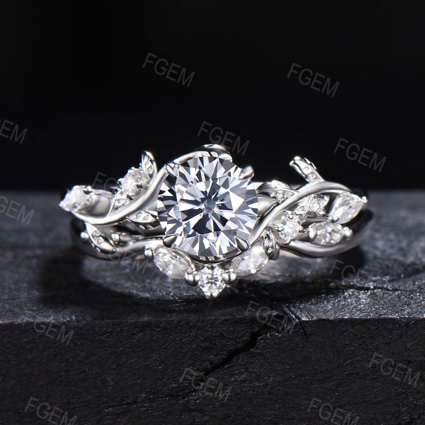 1ct Round Cut Grey Moissanite Wedding Ring Set 14K Gold Leaf Engagement Ring Vine Branch Moissanite Promise Ring Botanical Anniversary Gift