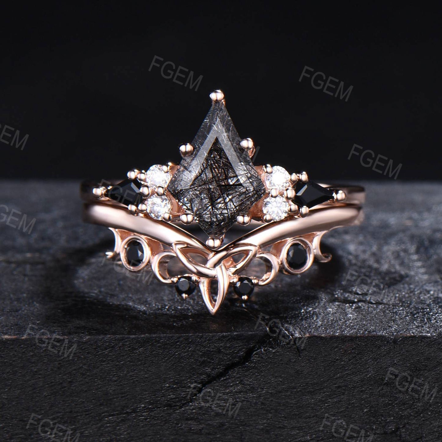 Kite Natural Black Rutilated Quartz Engagement Ring Set Celtic Black Bridal Set Unique 10K Rose Gold Handmade Gothic Proposal Gifts for Her