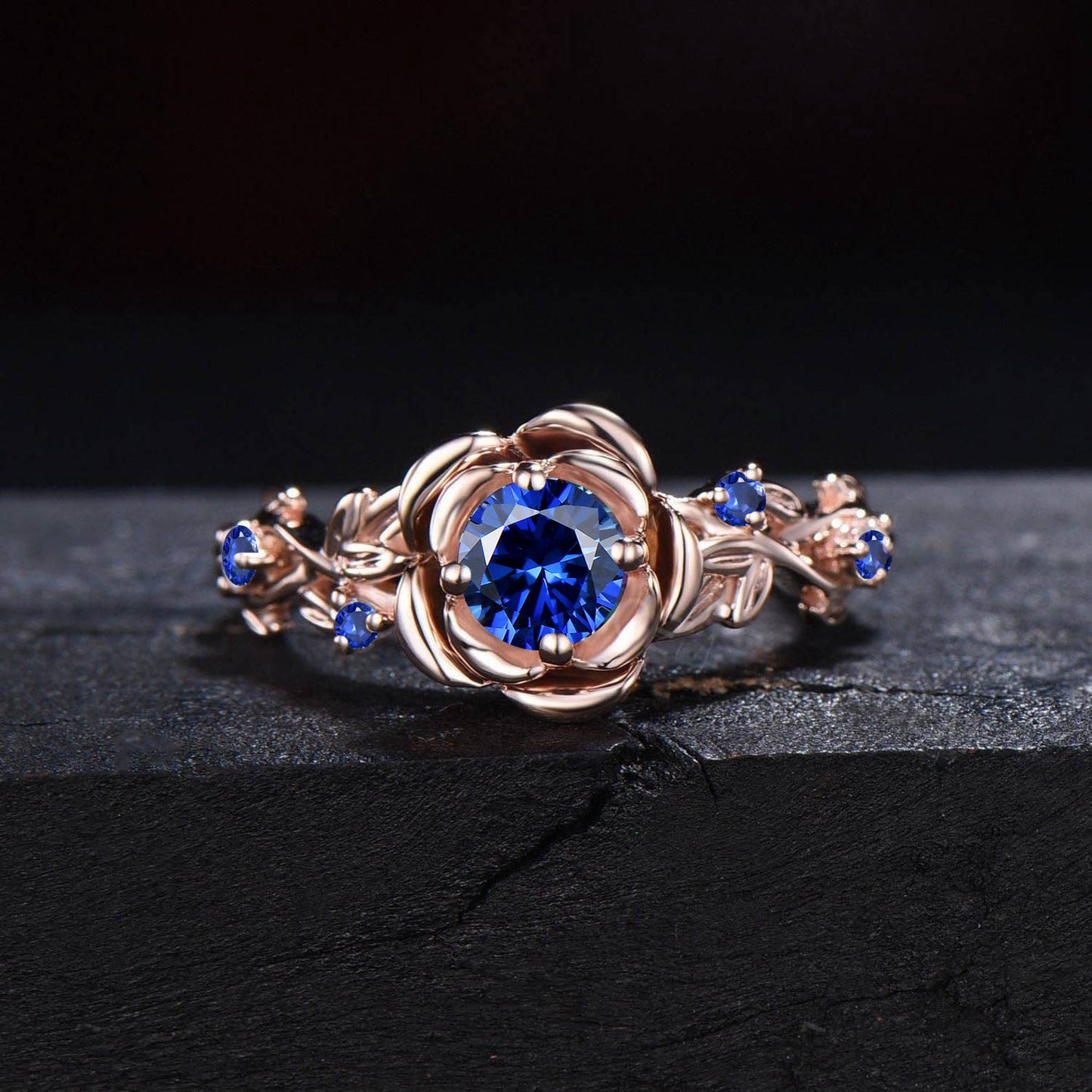 5mm(0.5CTW) Nature Inspired Natural Royal Burnt Blue Sapphire Ring 10K Yellow Gold Twig Leaf Rose Flower Blue Sapphire Nature Engagement Rings