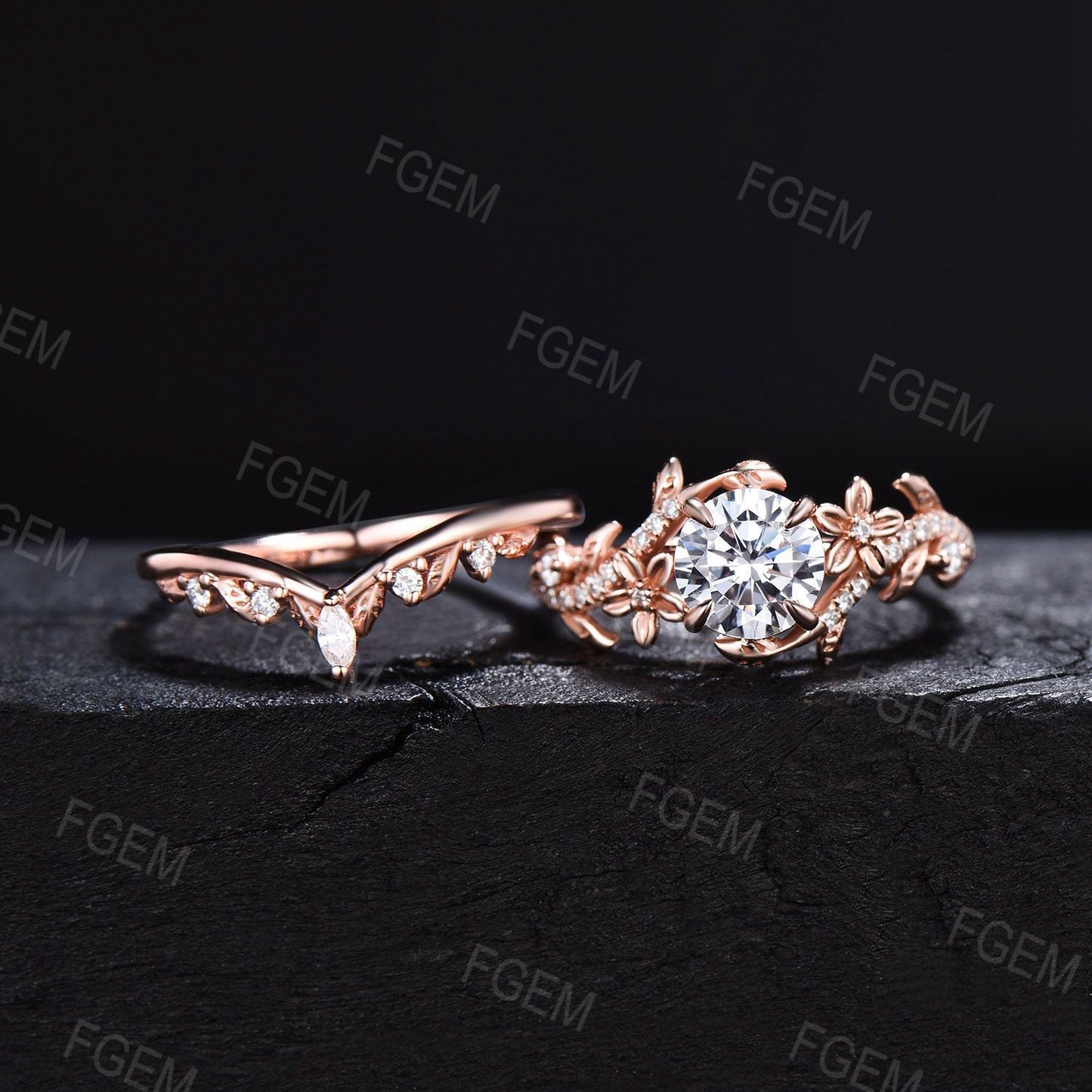 1ct Round Lab Grown Diamond Ring Set Vintage Flower Real Diamond Wedding Ring Branch Leaf Bridal Set IGI Certificate Ring Anniversary Gifts