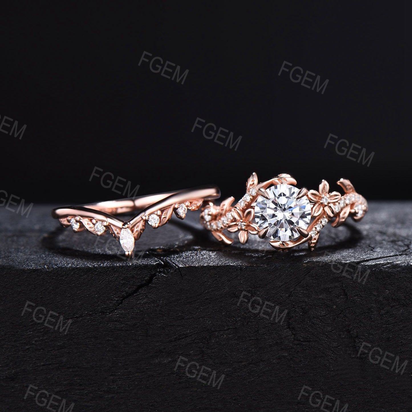 Floral Round Moissanite Ring Set Nature Inspired Moissanite Ring Branch Vine Bridal Set Unique Women Gift