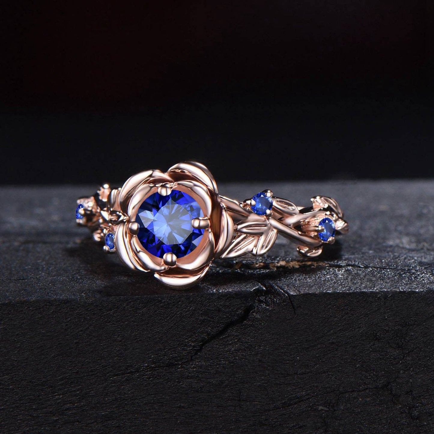 5mm Nature Inspired Blue Sapphire Ring 10K Yellow Gold Twig Leaf Rose Flower Blue Sapphire Nature Engagement Rings Unique Anniversary Gifts