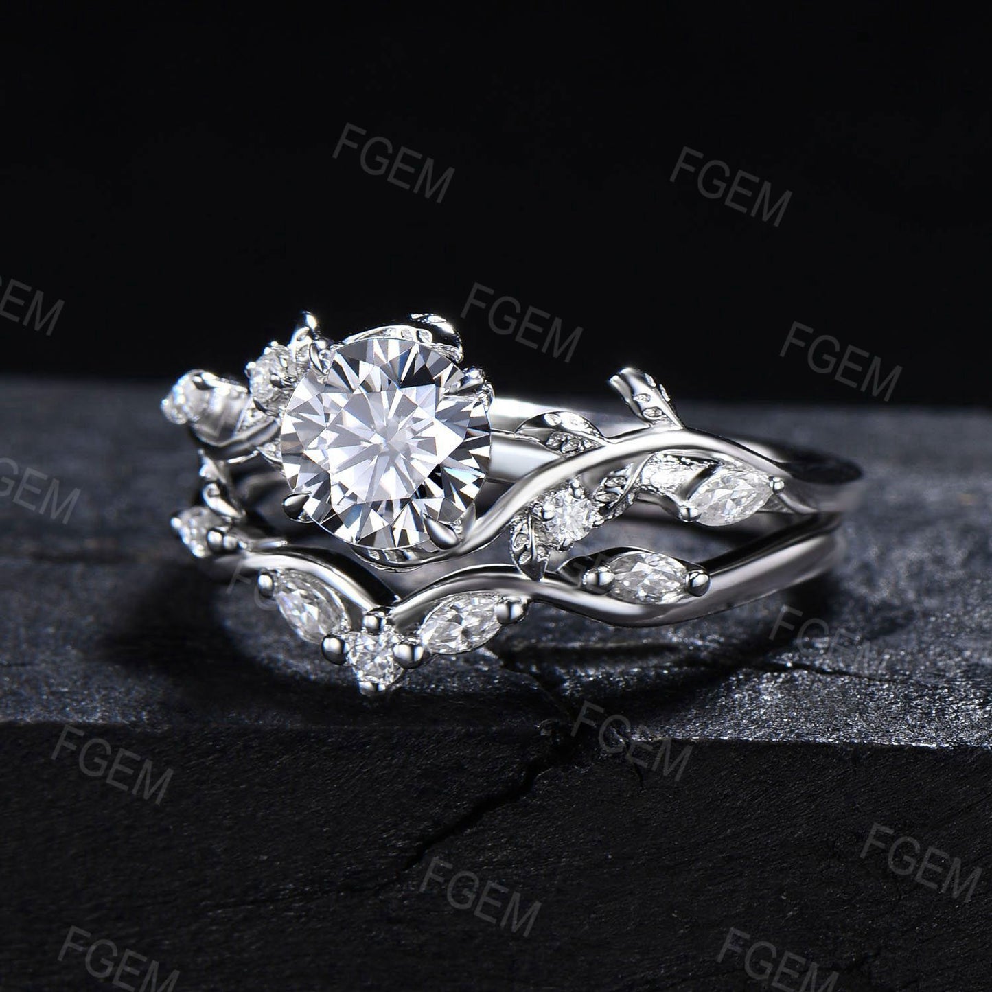 1ct Round Cut Grey Moissanite Wedding Ring Set 14K Gold Leaf Engagement Ring Vine Branch Moissanite Promise Ring Botanical Anniversary Gift