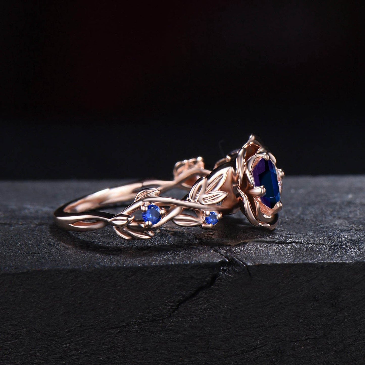 5mm Nature Inspired Blue Sapphire Ring 10K Yellow Gold Twig Leaf Rose Flower Blue Sapphire Nature Engagement Rings Unique Anniversary Gifts