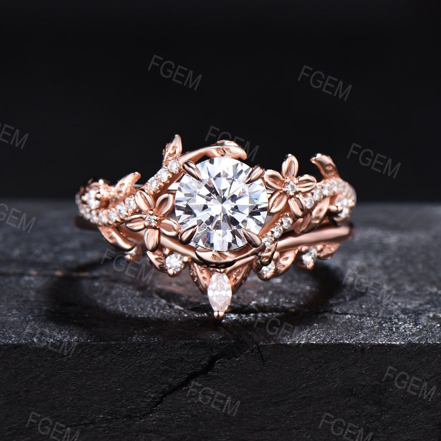 Floral Round Moissanite Ring Set Nature Inspired Moissanite Ring Branch Vine Bridal Set Unique Women Gift