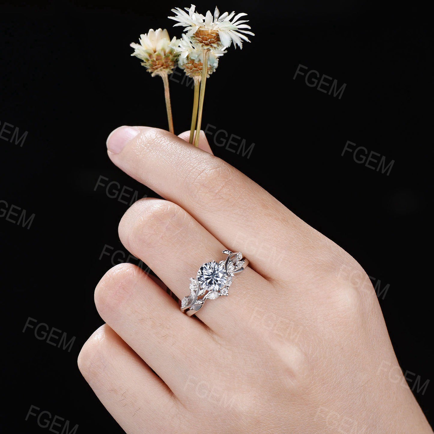 1ct Round Cut Grey Moissanite Wedding Ring Set 14K Gold Leaf Engagement Ring Vine Branch Moissanite Promise Ring Botanical Anniversary Gift