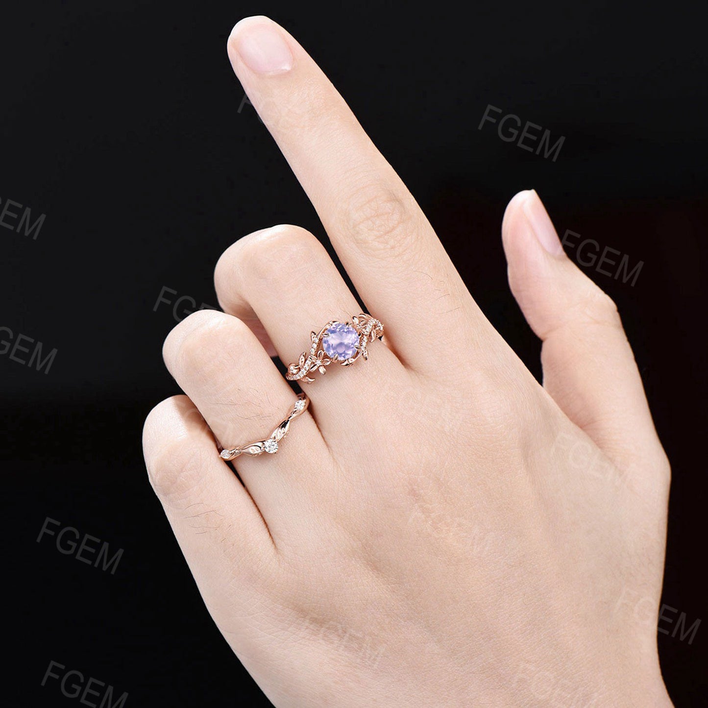 1ct Round Cut Grey Moissanite Wedding Ring Set 14K Gold Leaf Engagement Ring Vine Branch Moissanite Promise Ring Botanical Anniversary Gift