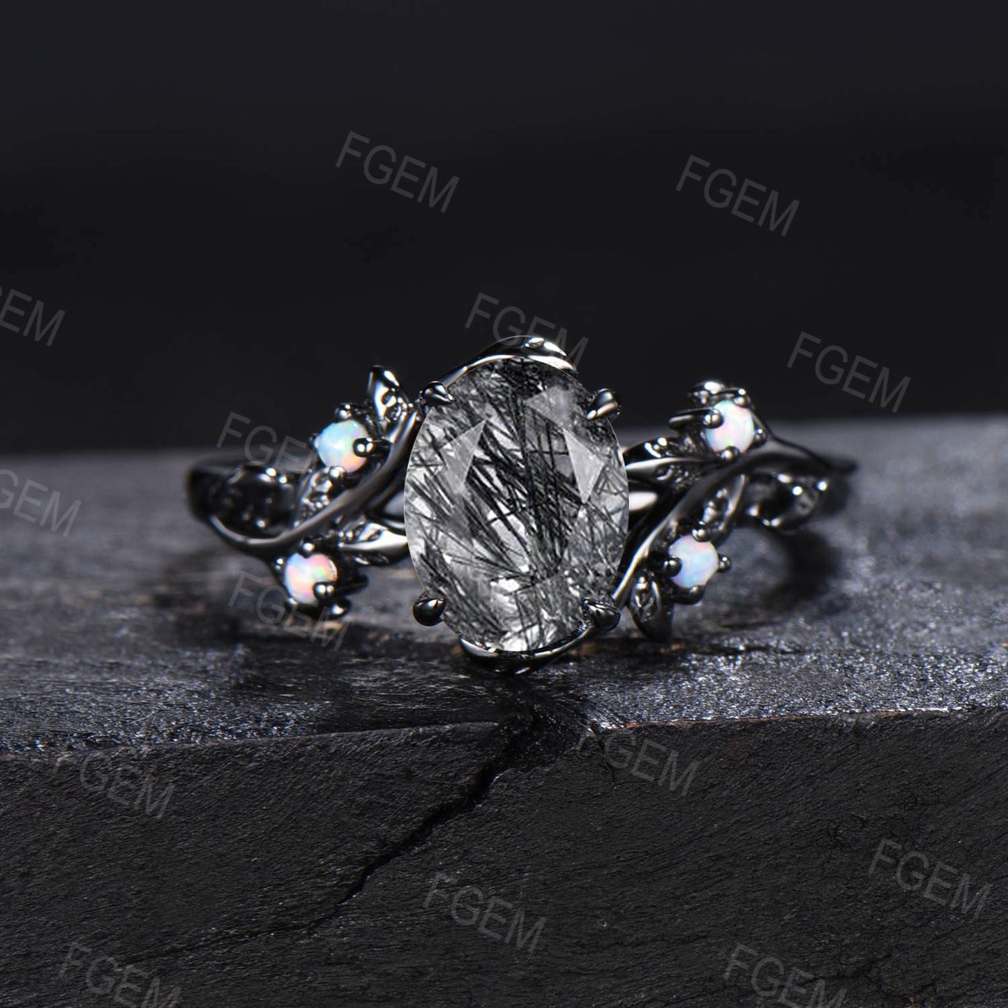 Vintage Black Rutilated Quartz Engagement Ring Oval Natural Black Gemstone Ring Black Gold White Opal Wedding Ring Anniversary Gift for Him