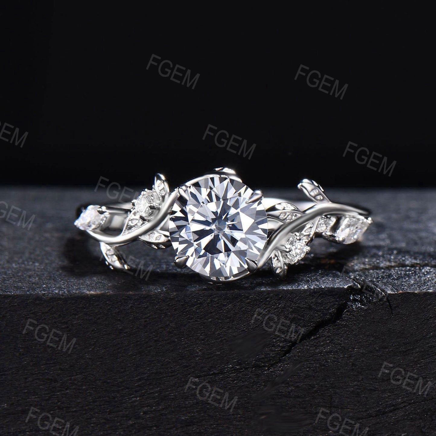 1ct Round Cut Grey Moissanite Wedding Ring Set 14K Gold Leaf Engagement Ring Vine Branch Moissanite Promise Ring Botanical Anniversary Gift