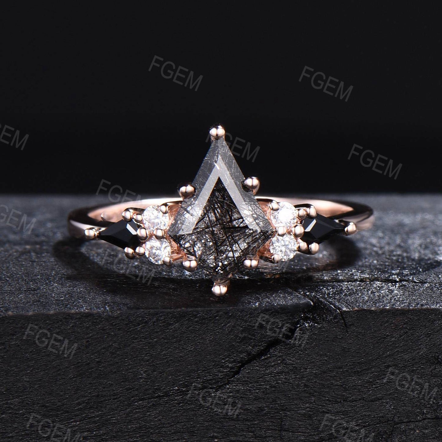 Kite Natural Black Rutilated Quartz Engagement Ring Set Celtic Black Bridal Set Unique 10K Rose Gold Handmade Gothic Proposal Gifts for Her